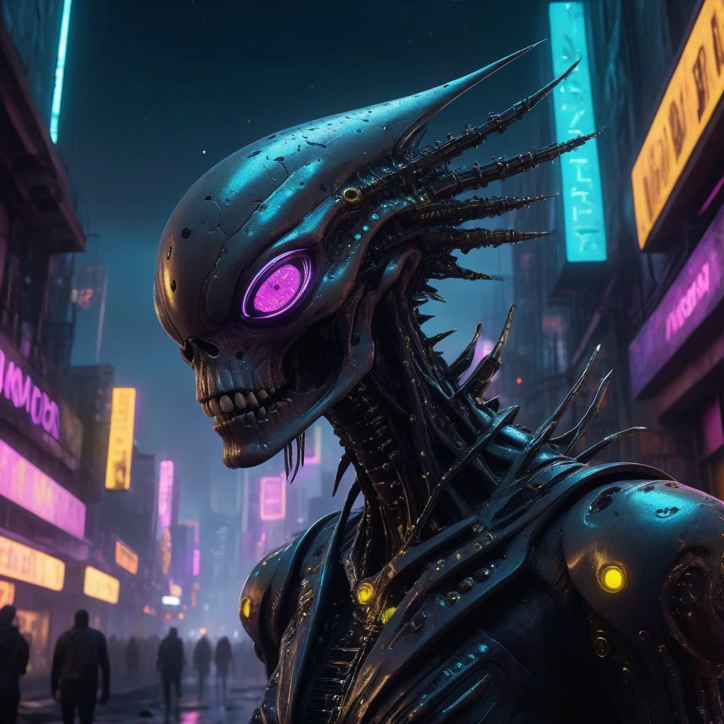 (best quality,highres:1.2,ultra-detailed,photorealistic:1.37),sci-fi cinematic masterpiece,punk rock ambiance,futuristic alien landscape,during the night,Nikon D3300,L USM,shining eyes,award-winning,gritty atmosphere,otherworldly creatures,cyberpunk cityscape,neon lights,punk fashion,moonlit sky,high-tech gadgets,visually striking,energetic music,vibrant colors,edgy vibe,urban decay,technological advancements,extraterrestrial architecture,star-filled background,intense emotions,raw emotions, dynamic composition,imaginative concept art,Jaw-dropping visuals