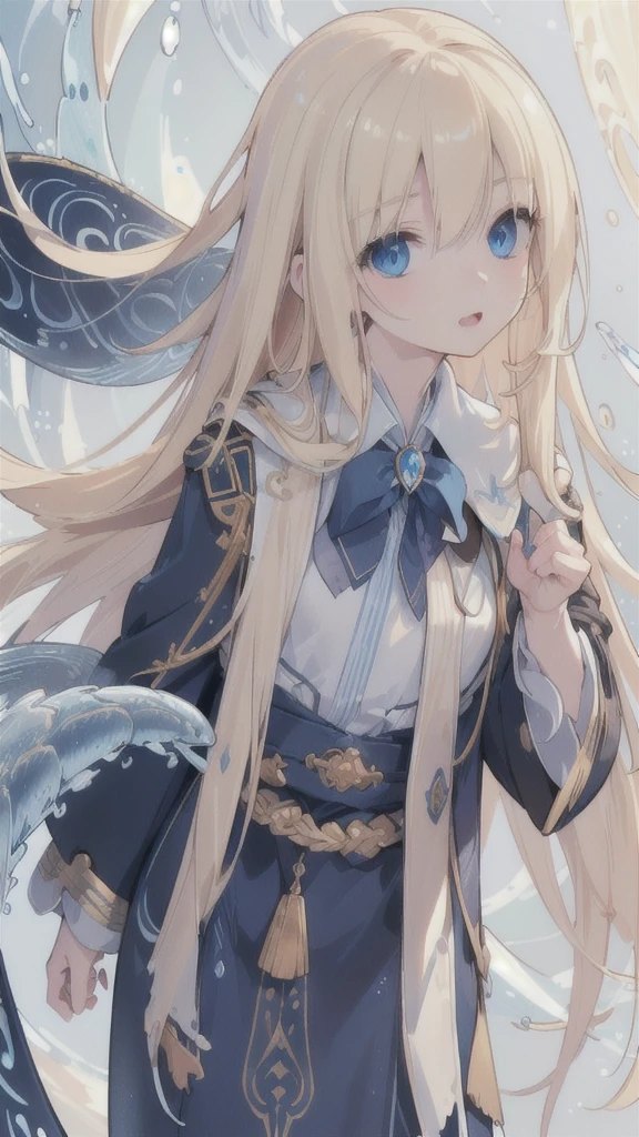 (best quality, ultra-detailed, realistic:1.37), (HDR, UHD), (studio lighting, sharp focus, professional), (portraits, anime),

A girl with blonde hair and blue eyes, detailed eyes, and pale skin, wearing a dark robe adorned with intricate patterns. Blue electric currents swirling around her body. A group of electric eels made of water flying around her.
