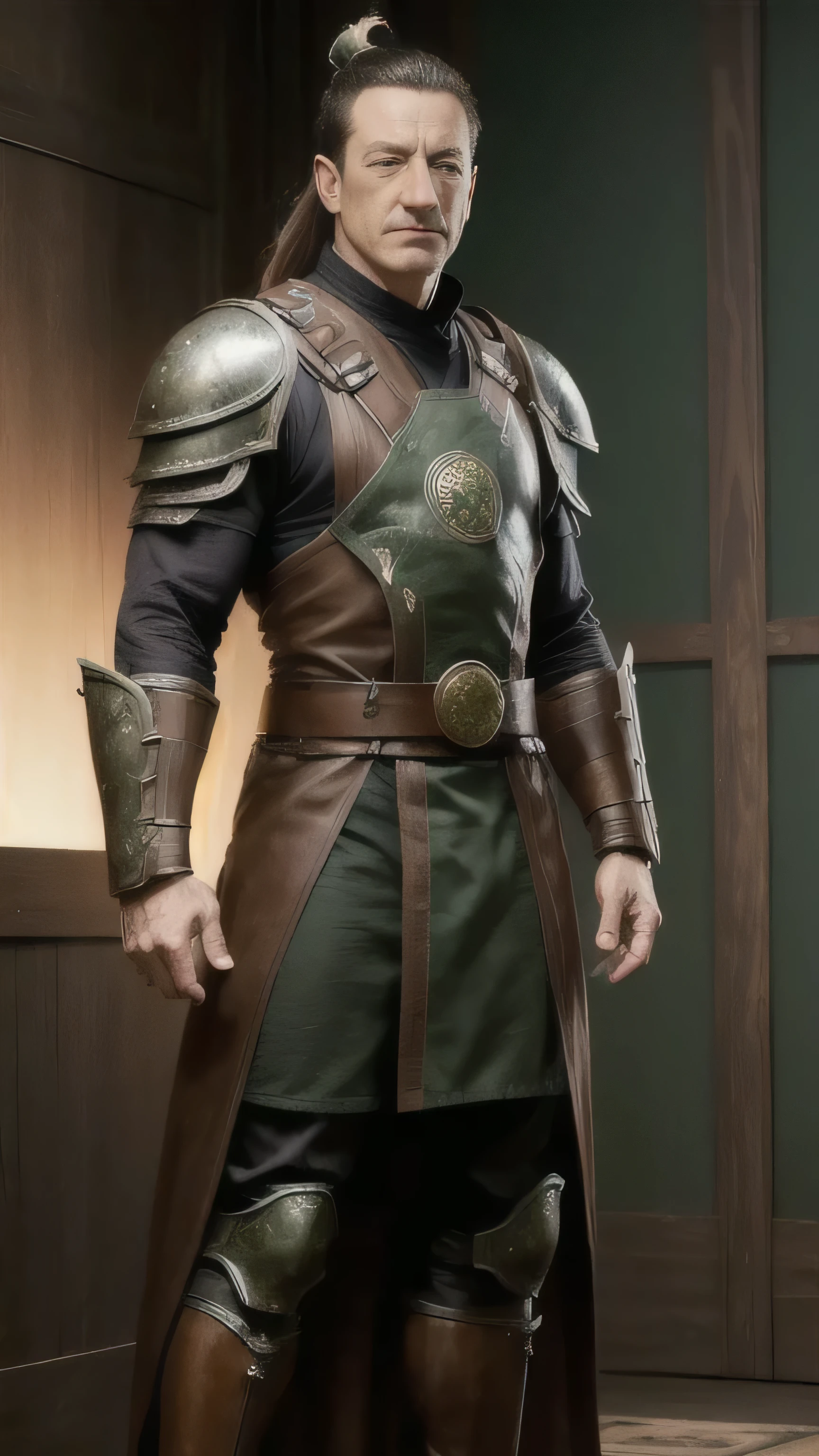 ((Jason Isaacs)) as Dairou from Mortal Kombat, (bald head), ponytail, light brown tunic, brown robe, green elements, belts, straps, armor pieces, brown leather gauntlets, shin guards, 1man, solo, full body view, front view, looking at viewer, intricate, high detail, sharp focus, dramatic, photorealistic painting art by greg rutkowski