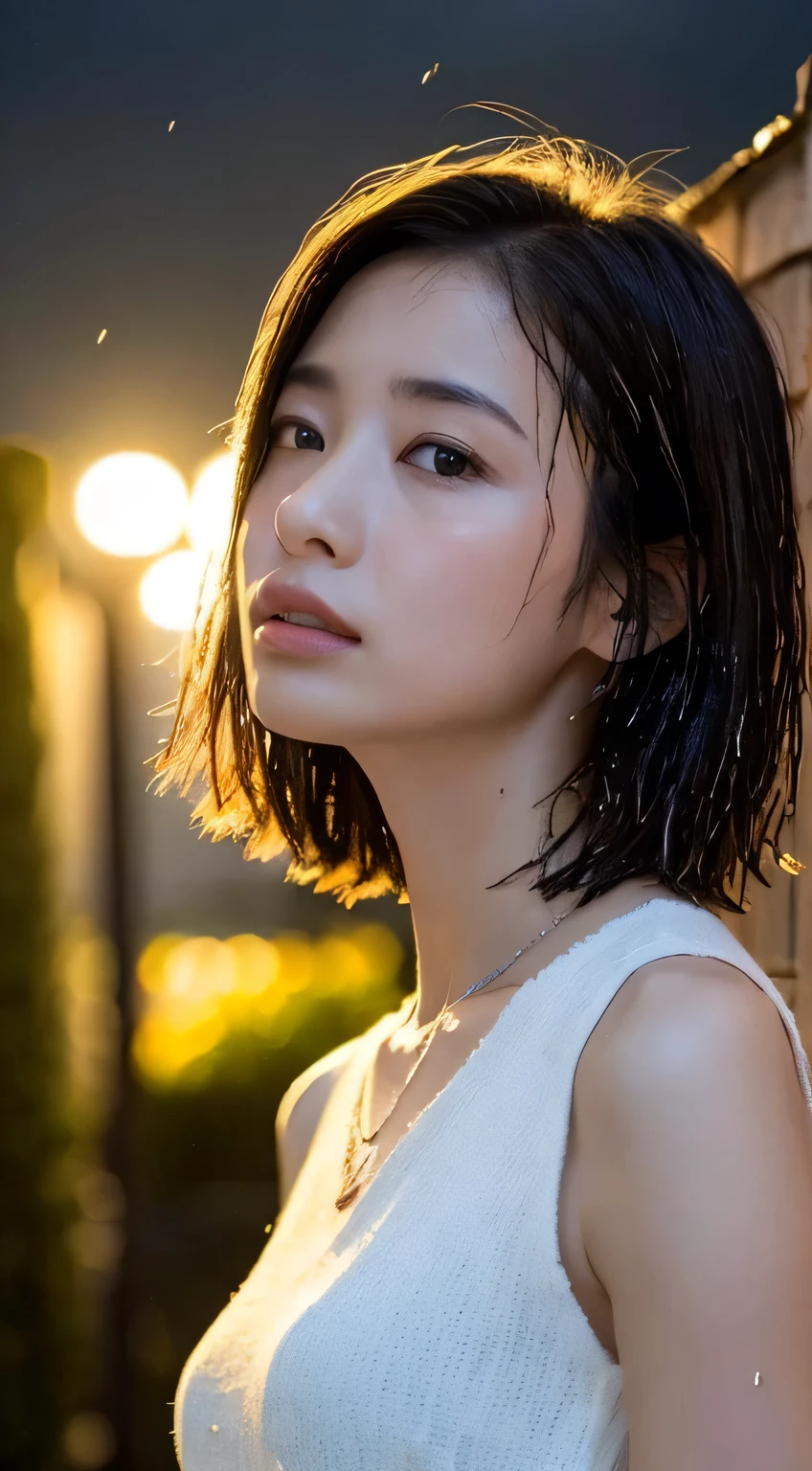 (Best quality, 4k, Masterpiece :1.3), pretty woman, 1girl, (breasts, attractive body :1.2), abs :1.1, dark brown hair: 1.1, (rainy wet, wet from rain, wet body :1.2), ultra-detailed face, detailed lips, detailed eyes, double eyelid