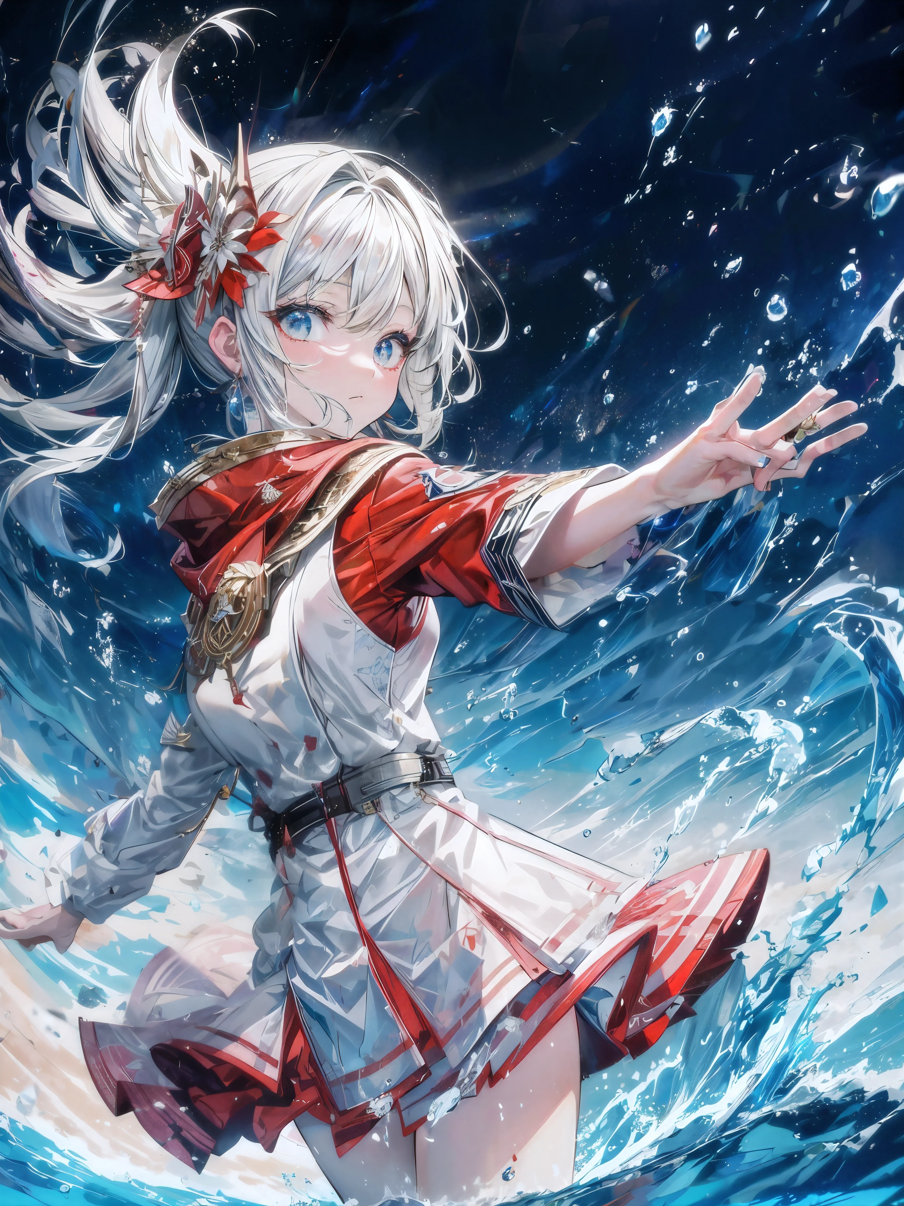 (best quality,4k,highres,masterpiece:1.2),ultra-detailed,realistic,anime, red and white sundress-wearing woman standing in the water, white hair deity, detailed keyframe animation art, anime girl walking on water, ink splatter art anime, Ayaka Genshin Impact, the best anime 4k konachan wallpaper, detailed anime character art, anime-style 4k, Keqing from Genshin Impact, detailed digital anime art.