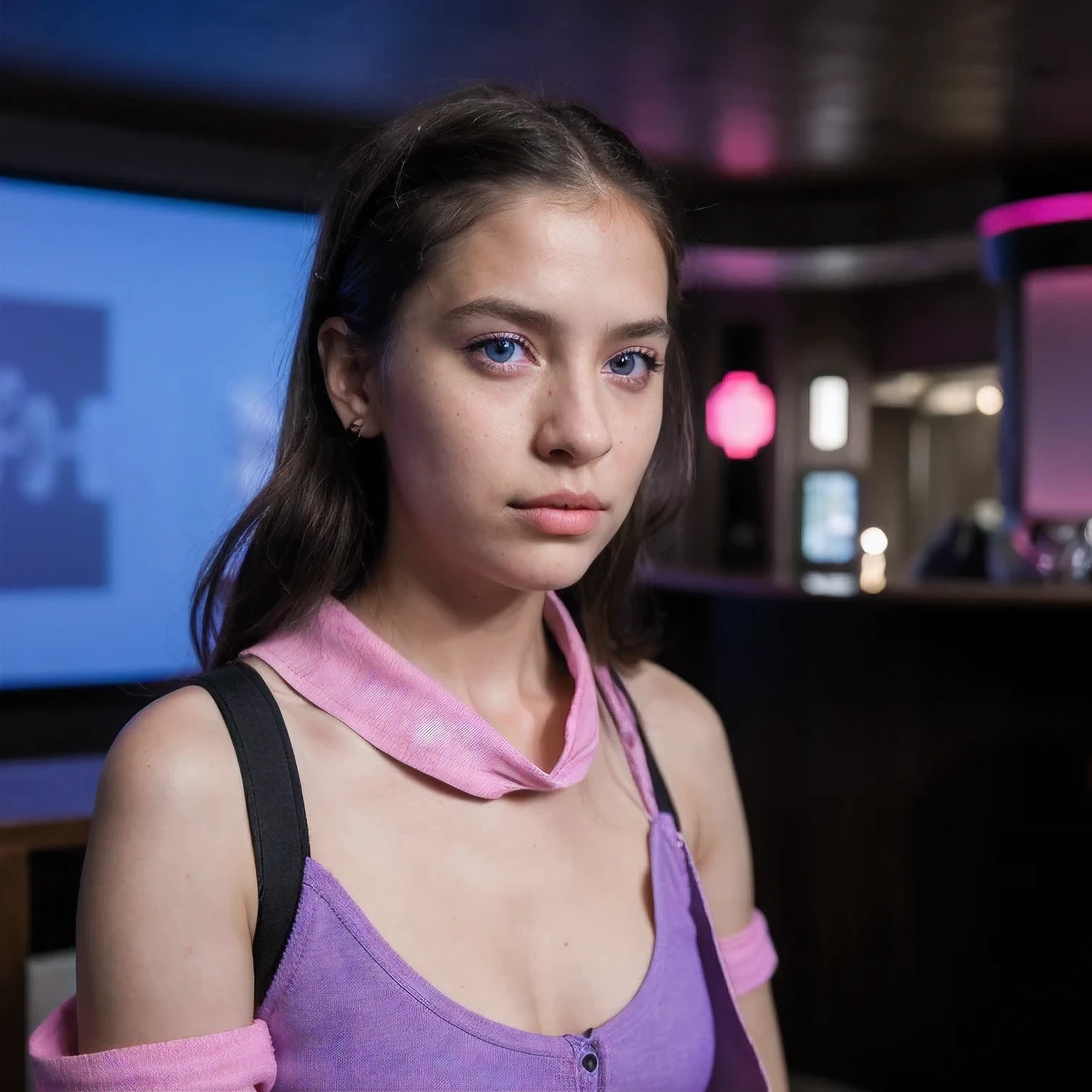 photo of a schoolgirl，, in Purple Pink, futuristic cotton and linen, (freckles:0.8) cute face, sci-fi, dystopian, detailed eyes, cobalt blue eyes（（Side view））Disco bar
