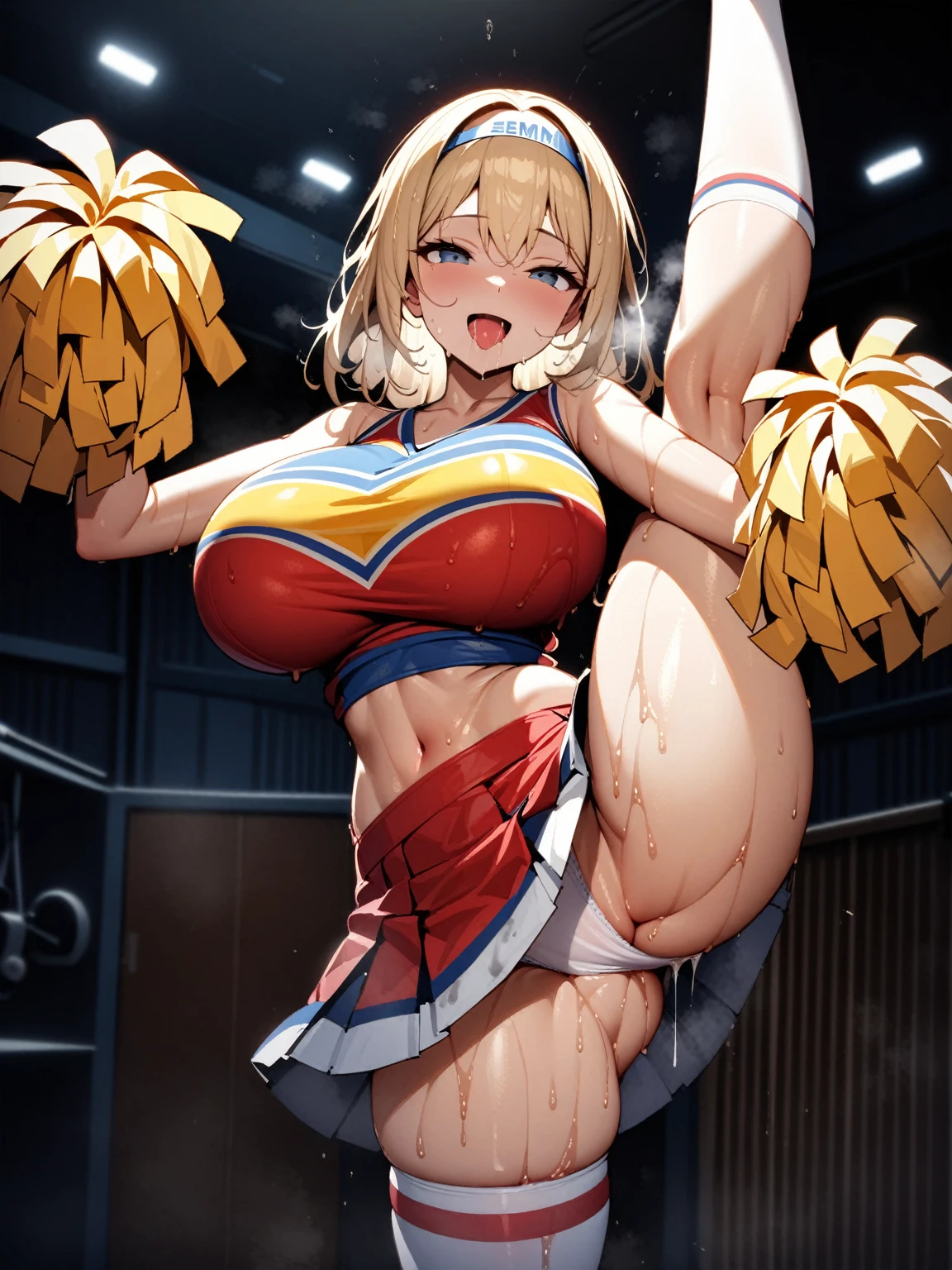 ((solo girl)),((Perfect body,))((Super beautiful,))((High quality,)), (sweaty,) (wet all over,), a cheerleader, white frilly panties,(Dark training room in the middle of the night, backlit,), sweat scattering, a sports visor, huge breasts bouncing violently up and down, a wink, a smile, thigh-high socks,Pom-pom,Heavy breathing,saliva, sweat, Sweaty and wet all over,Sweaty body, covered in semen, semen dripping from her crotch,gigantic breast,Blond hair,Semen dripping from crotch,(Beautiful girl cheerleading dancing,)standing split,pov, Looking at Viewer,:D,