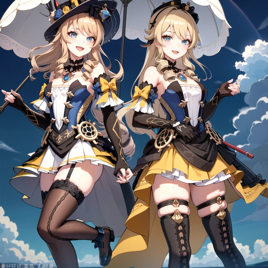 navia_gi, looking at viewer, smile, open mouth, skirt, thighhighs, gloves, hat, dress, holding, bare shoulders, standing, :d, outdoors, detached sleeves, sky, day, cloud, blue sky, umbrella, garter straps, drill hair, brown gloves, water drop, holding umbrella, brown headwear, rainbow