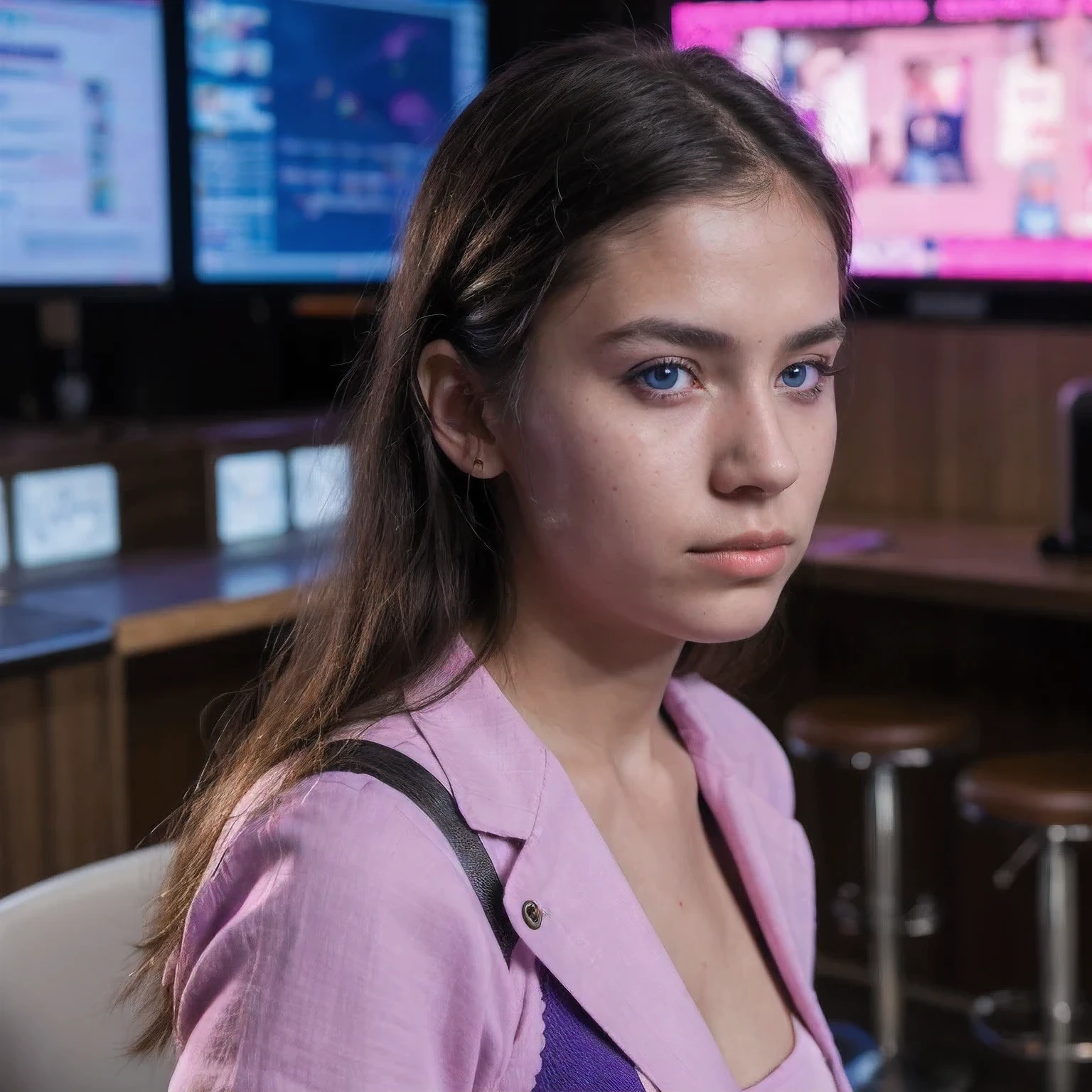 photo of a girl，12 yeaurple Pink, futuristic cotton and linen, (freckles:0.8) cute face, sci-fi, dystopian, detailed eyes, cobalt blue eyes（（Side view））Disco bar