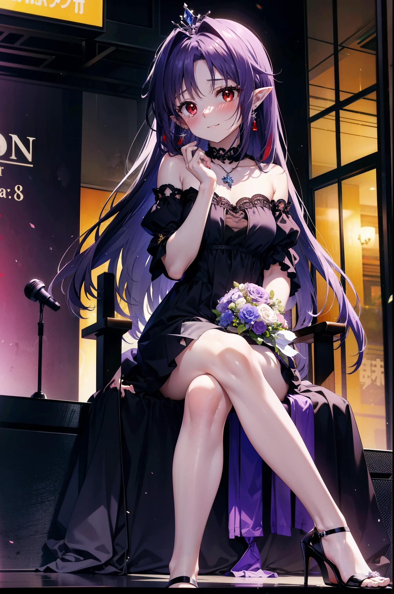 yuukikonno, Yuki Konno,Long Hair, tiara,Pointy Ears, Purple Hair, (Red eyes:1.5), (Small breasts:1.2), smile,Purple Dress,Purple long skirt,purple stiletto heels,No sleeve,Expose your shoulders,Bare arms,Bare neck,bare clavicle,She is sitting in a chair holding a large bouquet of flowers in both hands.,There is a big cake on the table,Heart Necklace,Tears stream down her face,Tears of joy,I cry a lot,whole bodyがイラストに入るように,
break indoors, Party Venue,on stage,
break looking at viewer, whole body,
break (masterpiece:1.2), highest quality, High resolution, unity 8k wallpaper, (shape:0.8), (Beautiful details:1.6), Highly detailed face, Perfect lighting, Highly detailed CG, (Perfect hands, Perfect Anatomy),