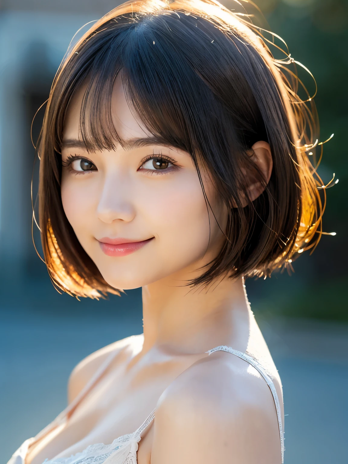 (Tabletop)、(highest quality:1.5)、(Realistic:1.5)、(1 person:1.5)、(Very detailed)、(High resolution)、8k、Dynamic composition、(camisole)、normal breasts、Natural color lips、Cute Smile、Cute Smile、20-year-old girl、(Beautiful and elaborate face)、(Perfect and beautiful face)、(Big eyes)、(Beautiful and elaborate face)、(Balanced eyes)、Perfect and beautiful double eyelids、Perfect and beautiful face、Arched eyebrows、 Thin eyebrows、Feminine poses、Slim face、Slim figure、Beautiful and thin nose、 Beautiful Skin、(Medium Bob Hair)、Natural Bangs、Fair skin、Front lighting、Lighting the face、Beautiful cleavage、