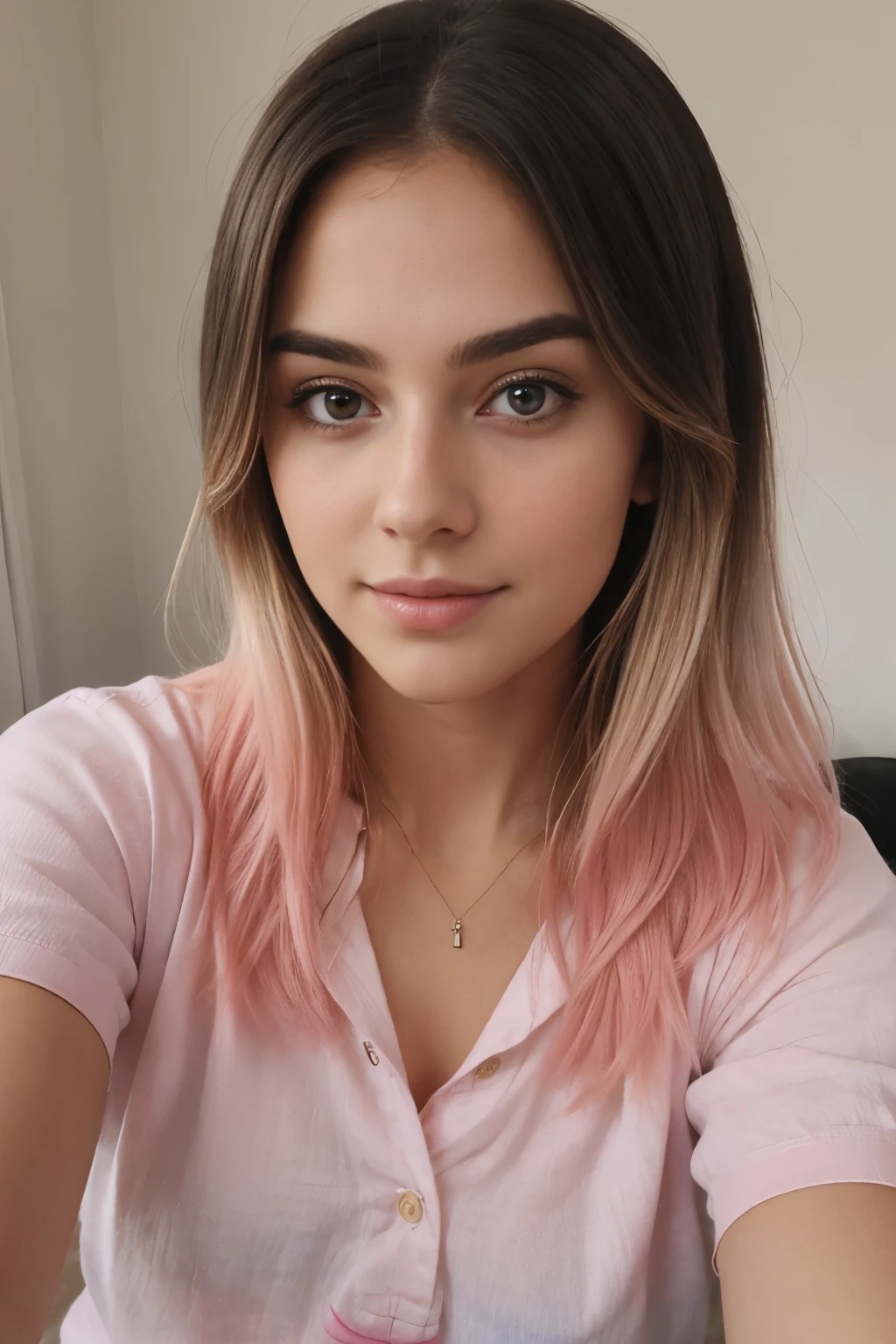 taken with iphone camera BREAK medium shot selfie of a pretty young woman BREAK (ombre:1.3) blonde pink BREAK film grain, medium quality, (Perfect face), (Cute face), (Beautiful face),(hot outfit), (face shot)