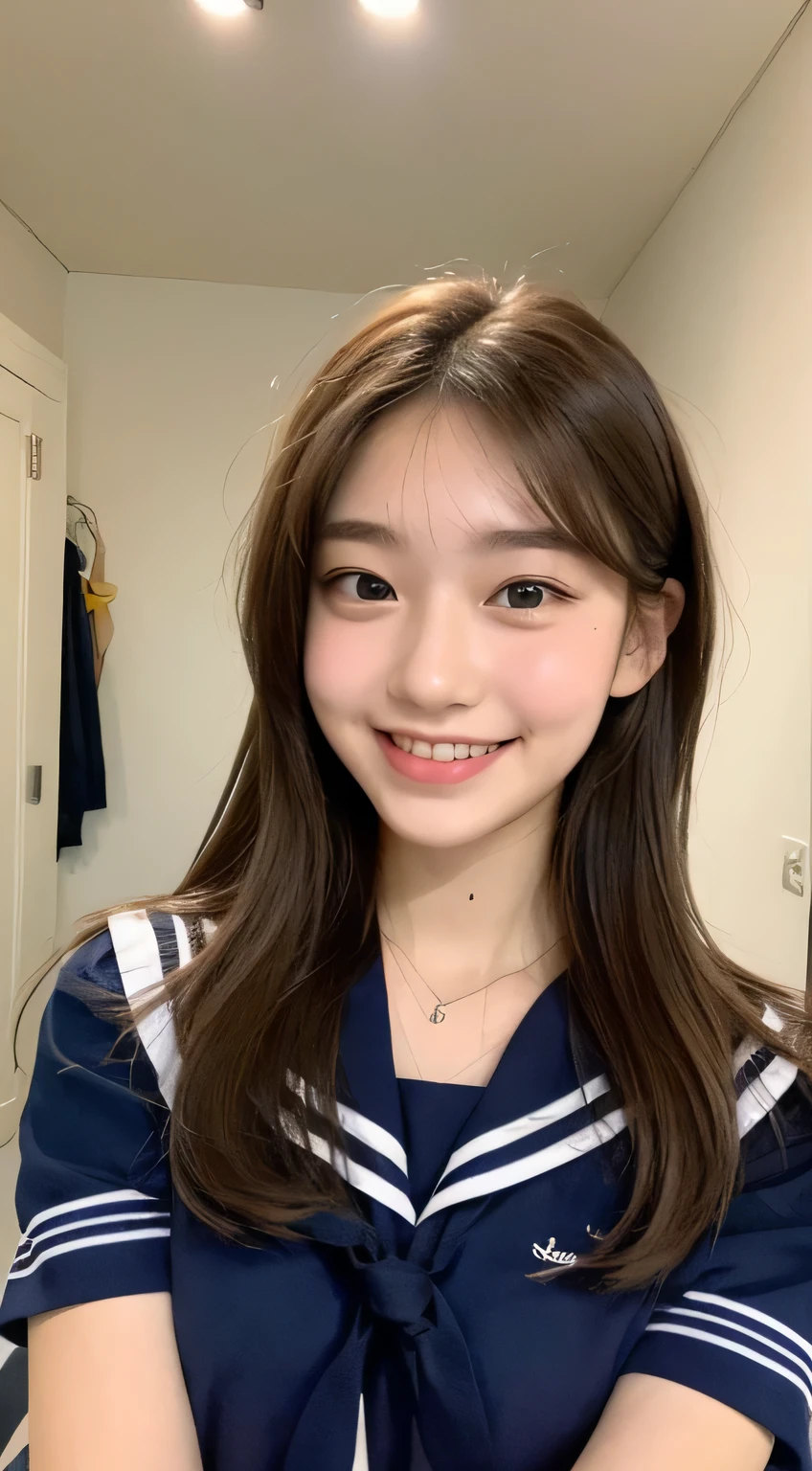 ((highest quality, 8k, masterpiece: 1.3)), whole body、(1 girl), Slim figure: 1.4, (Brown Hair, big: 1.3), Highly detailed face, Fine grain, double eyelid, (Sailor suit schoolgirl)hter, 16 years old,