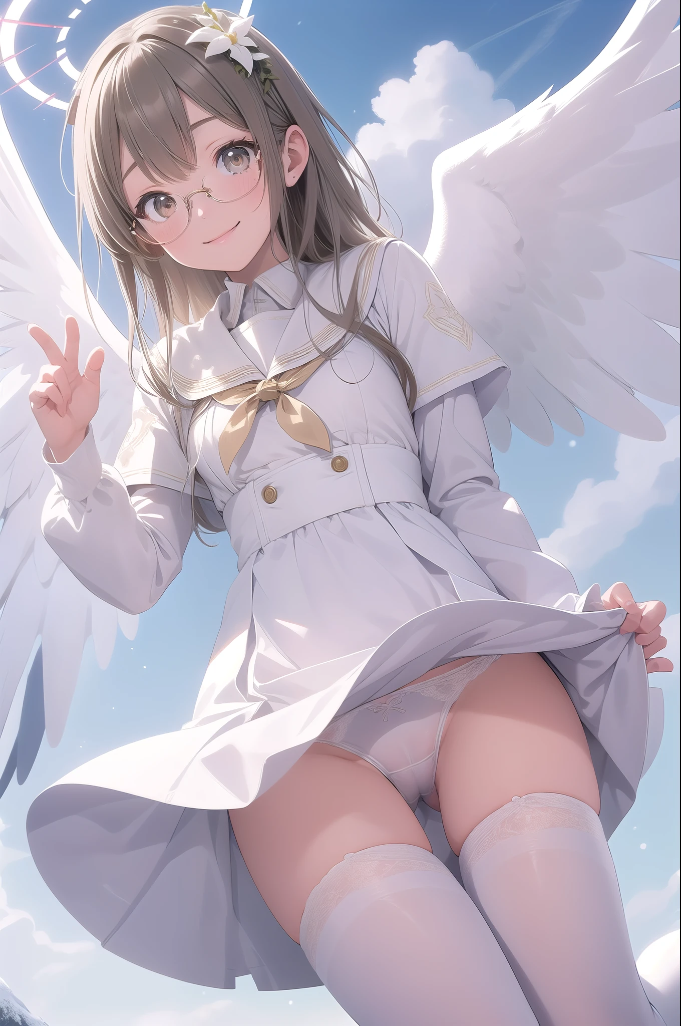 (masterpiece:1.3), (absurdres:1.3), (best quality:1.3), (ultra-detailed:1.3), snow, ((Snowfield)), full body, waving, smile, 1girl, nagisa-fi, halo, white wings, long sleeves, white dress, sailor collar, capelet, white skirt, black pantyhose, white high heels,Big angel wings、Big Wings、Floating in the sky、Floating in the air、Ultra-slim legs、((Amazingly cute))、White panties are visible、Wears thin-framed glasses、