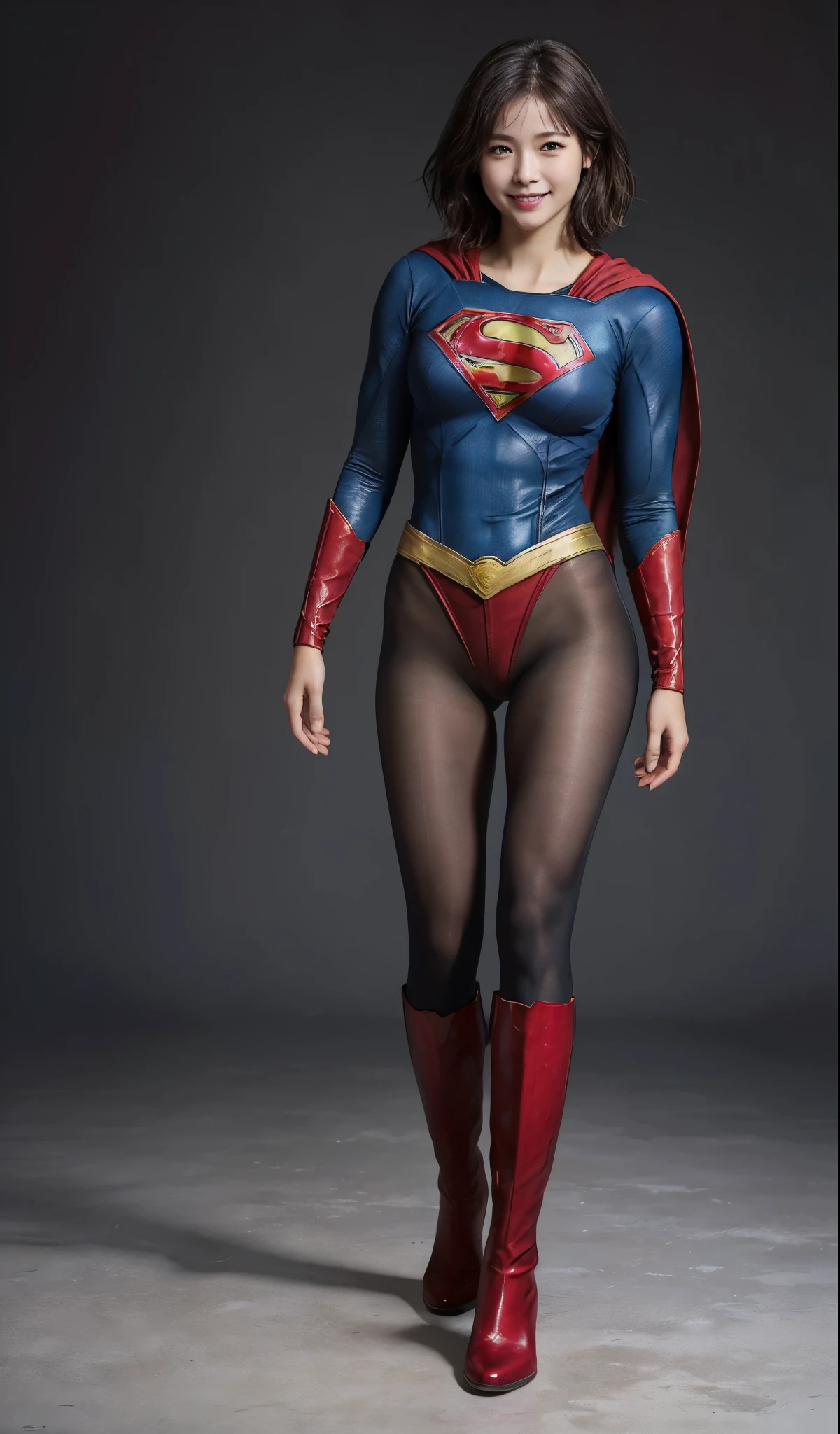 No background、(((Beautiful legs in black tights.)))、(((Legally express the beauty of your smile)))、((((Make the most of your original images)))、(((Supergirl Costume)))、(((Short beautiful hair)))、(((Smiling and winking)))、(((Please wear black tights....、Wear red boots)))、((Best image quality、8k))、((highest quality、8k、masterpiece:1.3))、(((Preserve background )))、Sharp focus:1.2、Beautiful woman with perfect figure:1.4、Slim Abs:1.2、Wet body:1.5、Highly detailed face and skin texture、8k