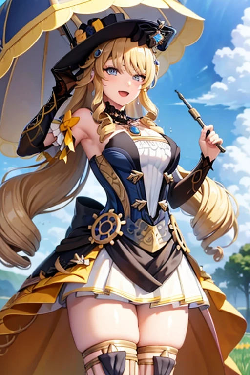 navia_gi, looking at viewer, smile, open mouth, skirt, thighhighs, gloves, hat, dress, holding, bare shoulders, standing, :d, outdoors, detached sleeves, sky, day, cloud, blue sky, umbrella, garter straps, drill hair, brown gloves, water drop, holding umbrella, brown headwear, rainbow