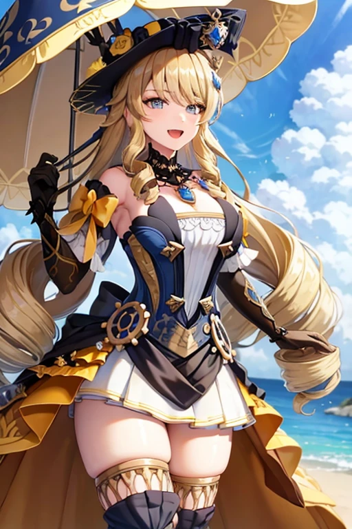 navia_gi, looking at viewer, smile, open mouth, skirt, thighhighs, gloves, hat, dress, holding, bare shoulders, standing, :d, outdoors, detached sleeves, sky, day, cloud, blue sky, umbrella, garter straps, drill hair, brown gloves, water drop, holding umbrella, brown headwear, rainbow