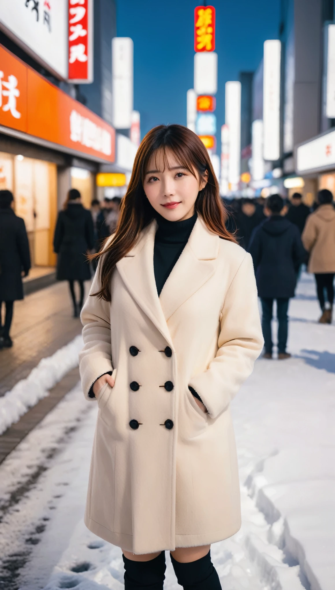 highest quality、masterpiece、Ultra-high resolution、live-action、4k、Beautiful Japanese Women、20 years old、turtleneck、boots、Long coat、Woolen gloves、A happy look、Brown Hair、Snow Scene、The background is Shibuya