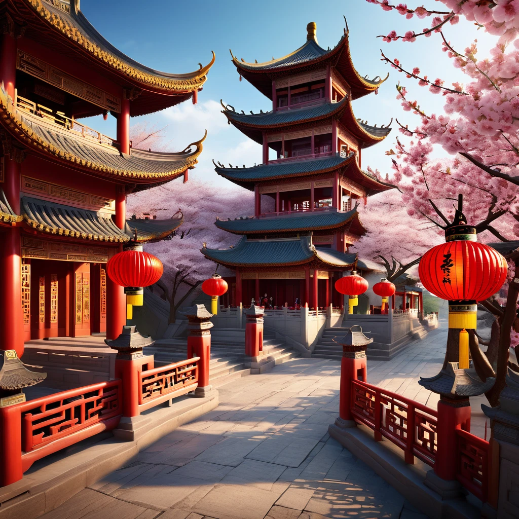 HD, photorealistic:1.2, Chinese traditional scene, magnificent Chinese architecture, intricate carvings, vibrant colors, traditional decorative elements, detailed textures, dynamic lighting, realistic shadows, traditional Chinese costumes and accessories, flowing silk, flying red lanterns, towering pagodas, serene gardens, blooming cherry blossoms, traditional music and performances, auspicious symbols, lively atmosphere, cultural heritage, cinematic shots, immersive experience, historical and modern fusion, grand scale, breathtaking scenery