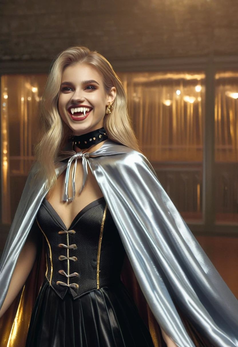 Vampyfangs1,(RAW photo) , 1girl, cute, 20 years old, long blonde hair in ponytail, smiling, look at viewer, ((((silver and gold lined satin cape tied at the neck)))+++, side spilt skirt , photo, realistic, best quality, hires, detailed face, detailed background, diffused lighting, depth of field, bokeh
