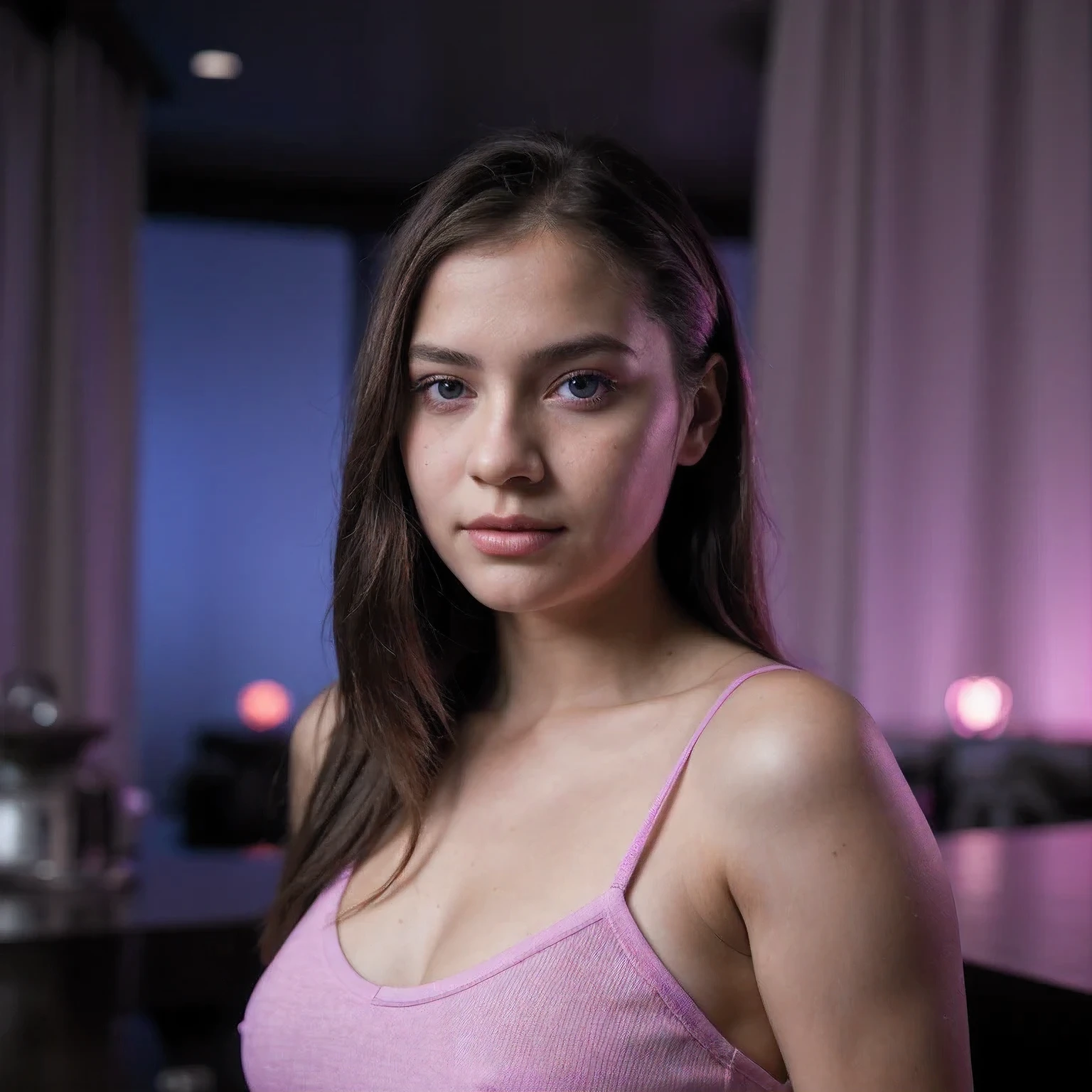 photo of a college student,16 years old, in Purple Pink, futuristic Coarse linen clothing, (freckles:0.8) cute face, sci-fi, dystopian, detailed eyes, cobalt blue eyes((Side view))Disco bar