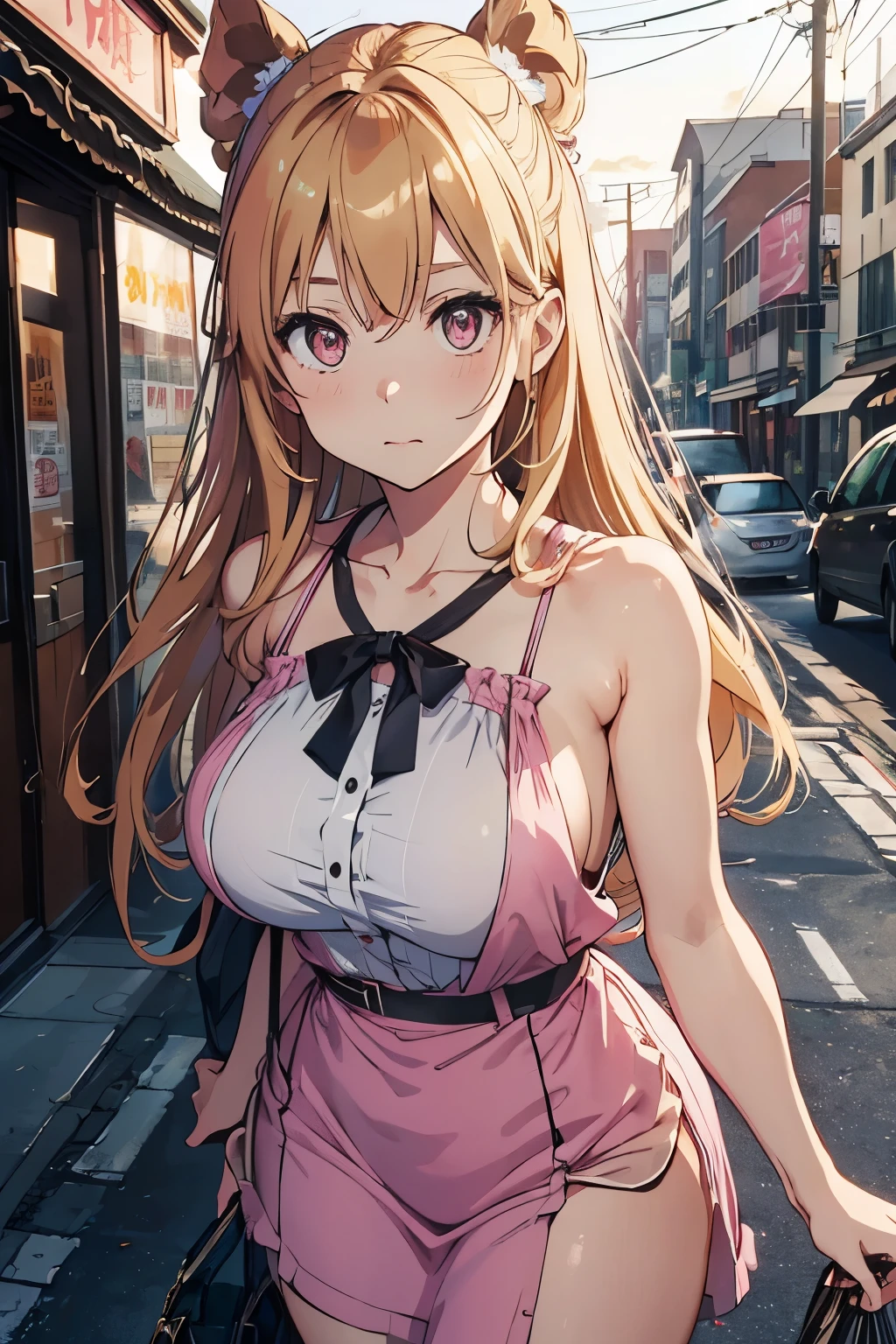 street,(Keisan:1.5), close, masterpiece, highest quality, Original photo, Realistic, face, Big Breasts, Pink gauze slip dress, Unbelievably ridiculous, beautiful girl, cute, long hair of bright yellow color, Short suspenders, Depth of written boundary, High resolution, Hyper Detail, The finer details, Very detailed, Very detailed eyes and face, Sharp pupils, Realistic pupils, Sharp focus, Cinema Lighting,
