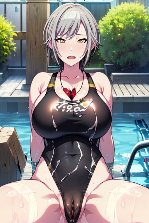 masterpiece, best quality, ultra high res, ultra-detailed, outside in a pool, sunset, beautiful city landscape, shiho, slut, solo, (silver short hair, yellow eyes: 1.4), red lipstick, red eyeliner, (gigantic tits and giant cleavage: 1.4), hairy pubic hair, (erotic transparent black competitive swimsuit: 1.5), looking at the viewer, sexual alluring expression, moaning, pleasure face, horny, very erotic face, wet, (shiho is spreading her legs wide open on the poolside and squirting love juice from her exposed pussy while looking at the viewer with a very embarassed face and a very troubled open mouth: 1.6), (bottom close pussy photo: 1.5)