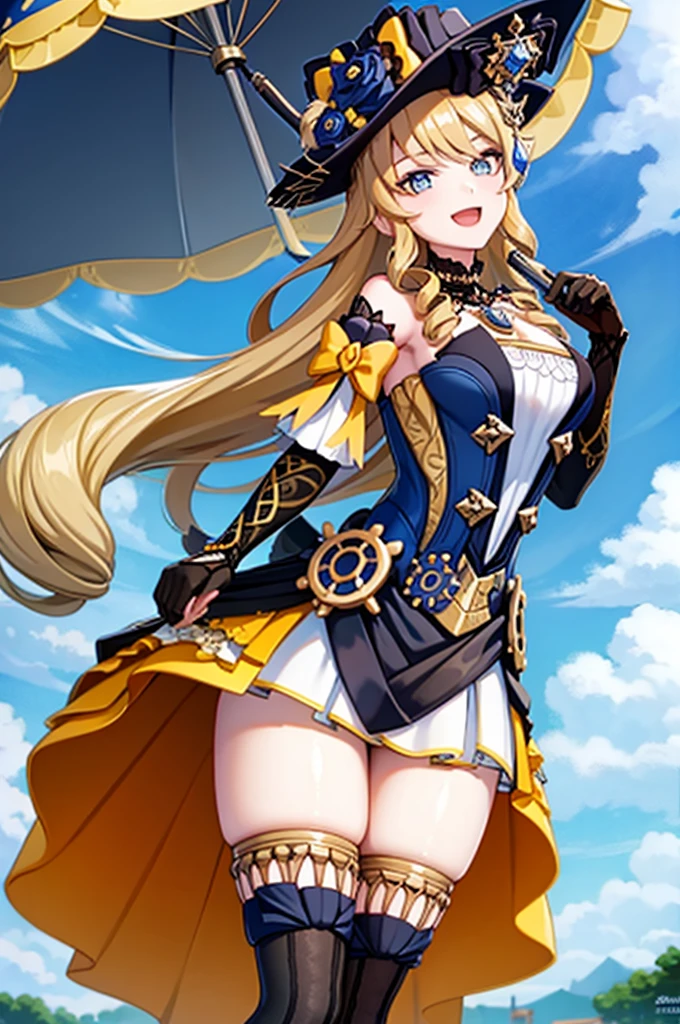navia_gi, looking at viewer, smile, open mouth, skirt, thighhighs, gloves, hat, dress, holding, bare shoulders, standing, :d, outdoors, detached sleeves, sky, day, cloud, blue sky, umbrella, garter straps, drill hair, brown gloves, water drop, holding umbrella, brown headwear, rainbow