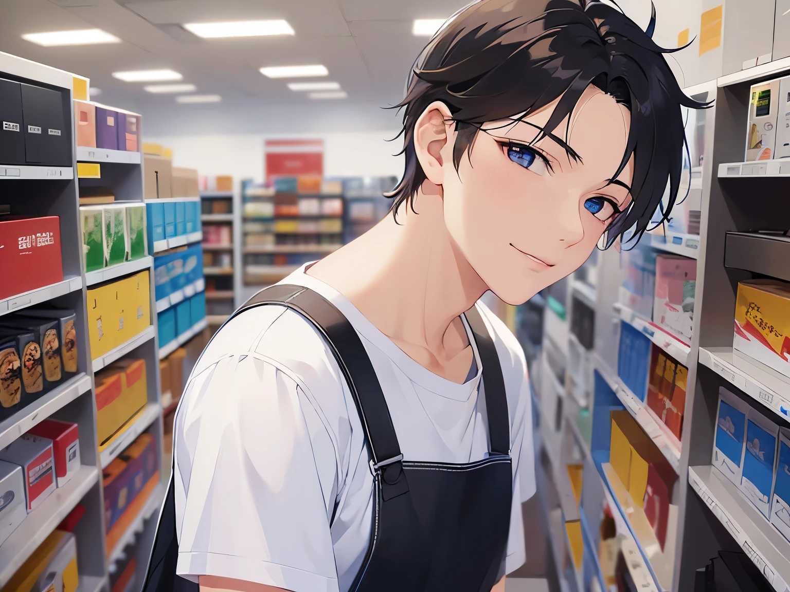 manly、close up of your face、masterpiece, top quality, (25 year old male: 1.5) and (short black hair) and (blue eyes), (T-Shirts) and (white), Black Apron、standing, smile, The background is the interior of an electronics store., (alone: 1.5)
