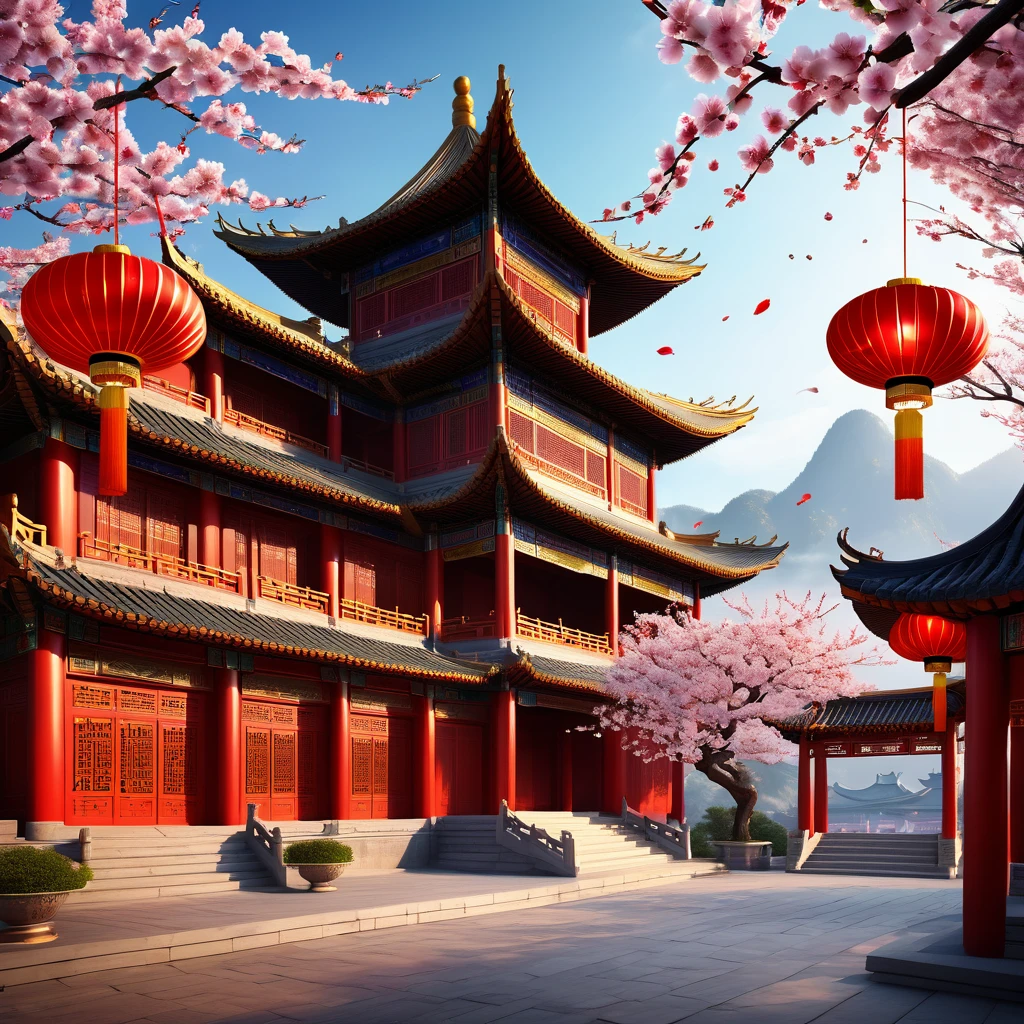 HD, photorealistic:1.2, Chinese traditional scene, magnificent Chinese architecture, intricate carvings, vibrant colors, traditional decorative elements, detailed textures, dynamic lighting, realistic shadows, traditional Chinese costumes and accessories, flowing silk, flying red lanterns, towering pagodas, serene gardens, blooming cherry blossoms, traditional music and performances, auspicious symbols, lively atmosphere, cultural heritage, cinematic shots, immersive experience, historical and modern fusion, grand scale, breathtaking scenery