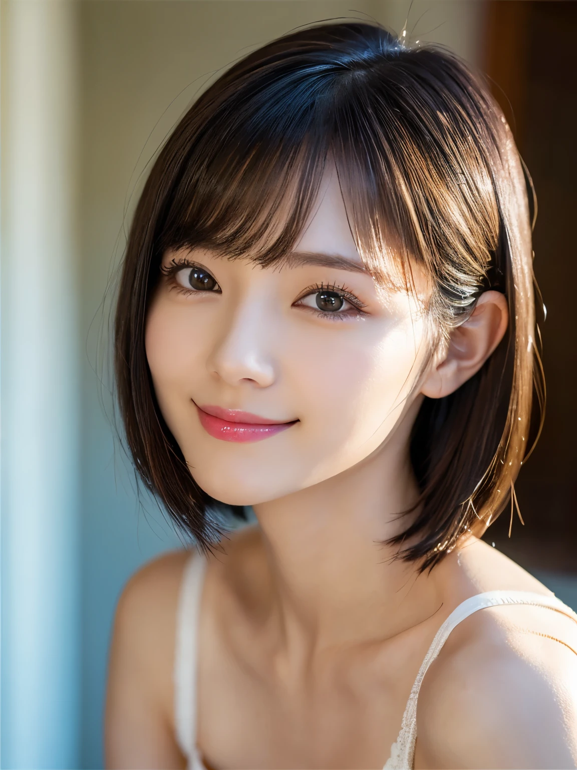 (Tabletop)、(highest quality:1.5)、(Realistic:1.5)、(1 person:1.5)、(Very detailed)、(High resolution)、8k、Looking down、(camisole)、normal breasts、Natural color lips、Cute Smile、Cute Smile、20-year-old girl、(Beautiful and elaborate face)、(Perfect and beautiful face)、(Big eyes)、(Beautiful and elaborate face)、(Balanced eyes)、Perfect and beautiful double eyelids、Perfect and beautiful face、Arched eyebrows、 Thin eyebrows、Feminine poses、Slim face、Slim figure、Beautiful and thin nose、 Beautiful Skin、(Medium Bob Hair)、Natural Bangs、Fair skin、Front lighting、Lighting the face、Beautiful cleavage、