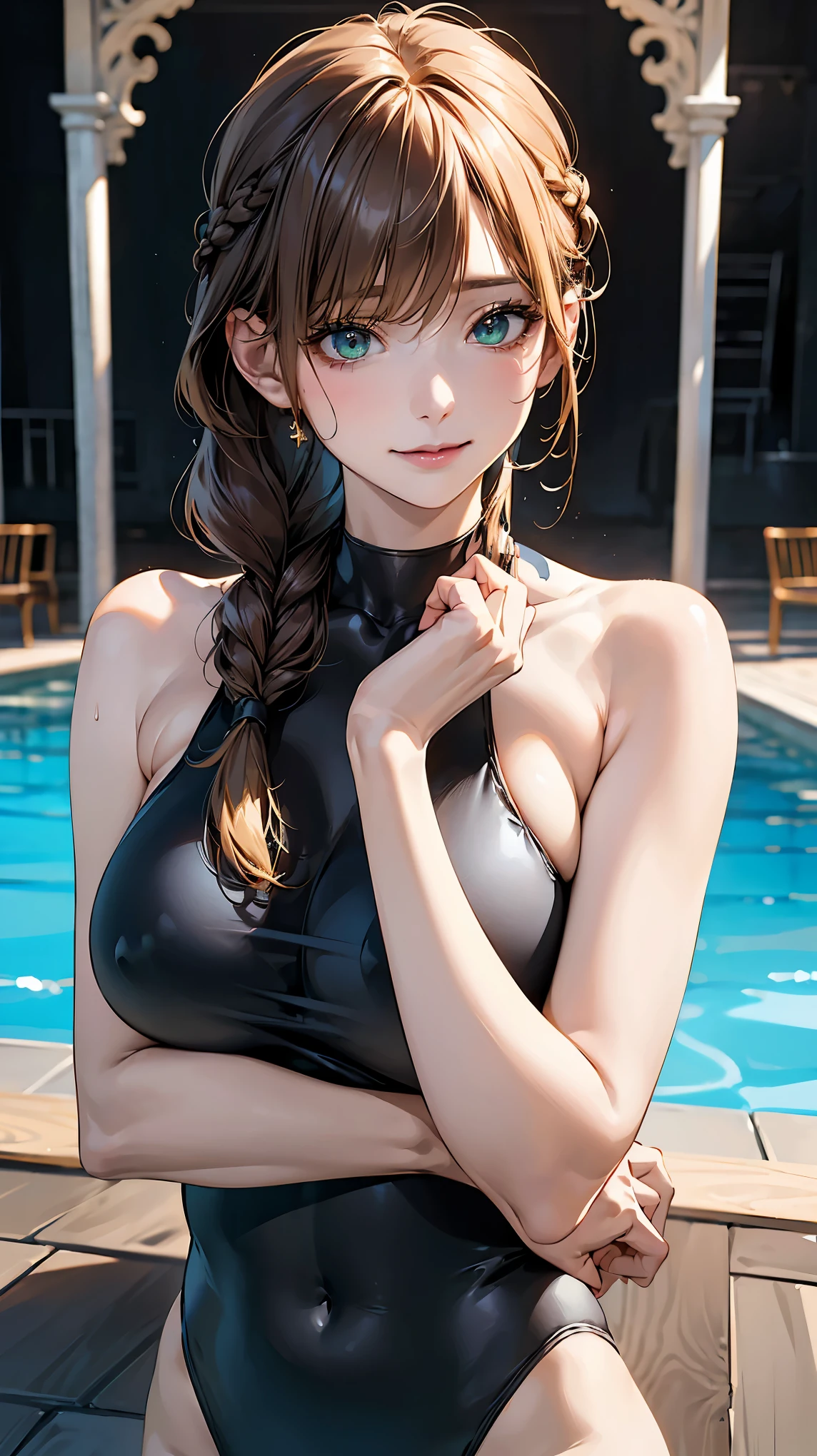 (Browsing Caution:1.2), (8k, RAW Photos, Best image quality, masterpiece: 1.4), (Highly detailed CG Unity 8k wallpaper, highest quality, High resolution: 1.2), (Ultra_Familiar, 超High resolution: 1.2), super highly Familiar, (Realistic, Realistic: 1.48), 1 girl, Focus Only,(Braiding:1.5), Side Lock, bangs, ((Dark green eyes:1.4, Round eyes, Beautiful eyelashes)), Clear Eyes,Large Breasts,Shiny Hair, beautiful Familiar cold face,Captivating smile, Beautiful and delicate eyes with exquisite detail,Extremely accurate details,Skin dents,Outdoor,Perfect Face,Perfect body, Beautiful Eyes, Beautiful Face,(Portraiture:1.5),Beautiful clavicle,Upward glance,Very cute woman,(black onepiece swimsuit:1.2),brown hair,cowboy shot,nsfw,large breasts,wide hips,narrow waist,pool,