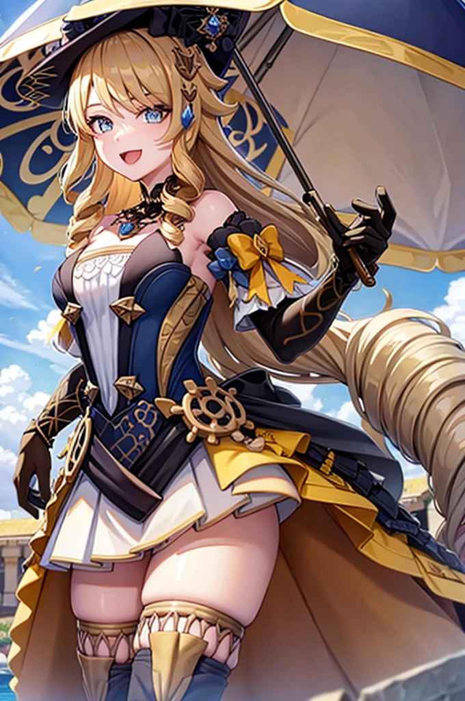 navia_gi, looking at viewer, smile, open mouth, skirt, thighhighs, gloves, hat, dress, holding, bare shoulders, standing, :d, outdoors, detached sleeves, sky, day, cloud, blue sky, umbrella, garter straps, drill hair, brown gloves, water drop, holding umbrella, brown headwear, rainbow