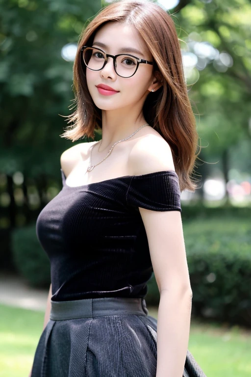 Wearing thin glasses、beauty 、woman、expensive、30 years old、((Black corduroy top))、((White long skirt))、Park Background、((Brown Hair))、sexy、Diamond Necklace、Realistic Background、wedding ring、