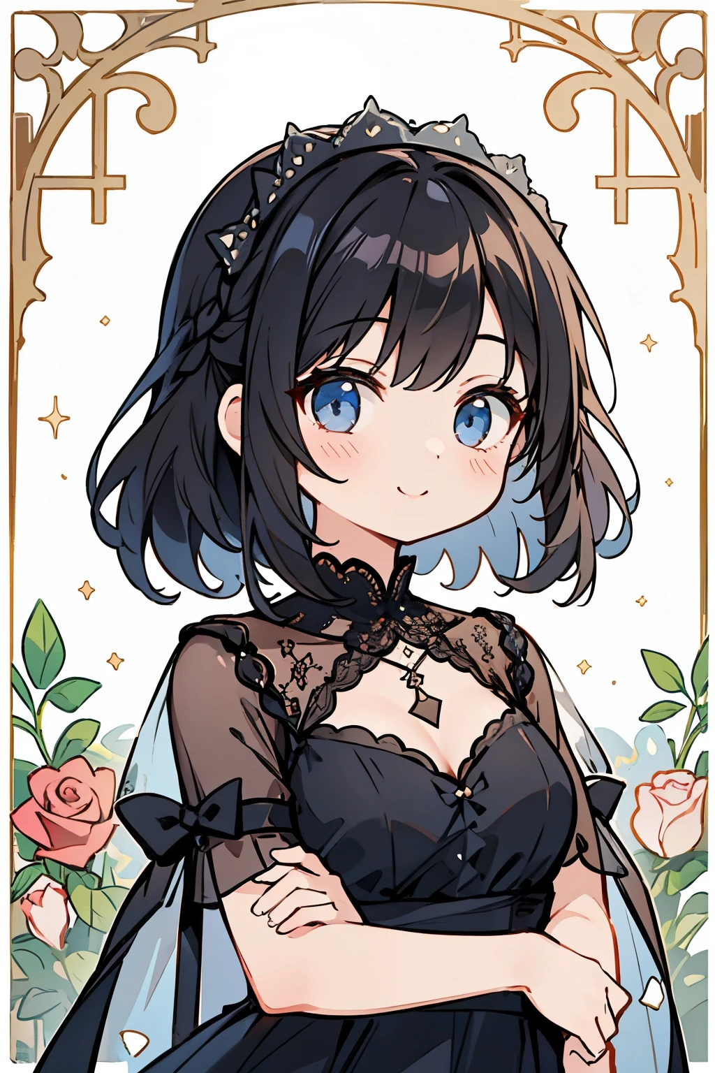 1 girl、Black Hair、Beautiful eyes and delicate face、masterpiece、highest quality、 girl in rose lace dress、Rose Dress、(Lace Material)、cute、A kind smile、elegant、Anime Style