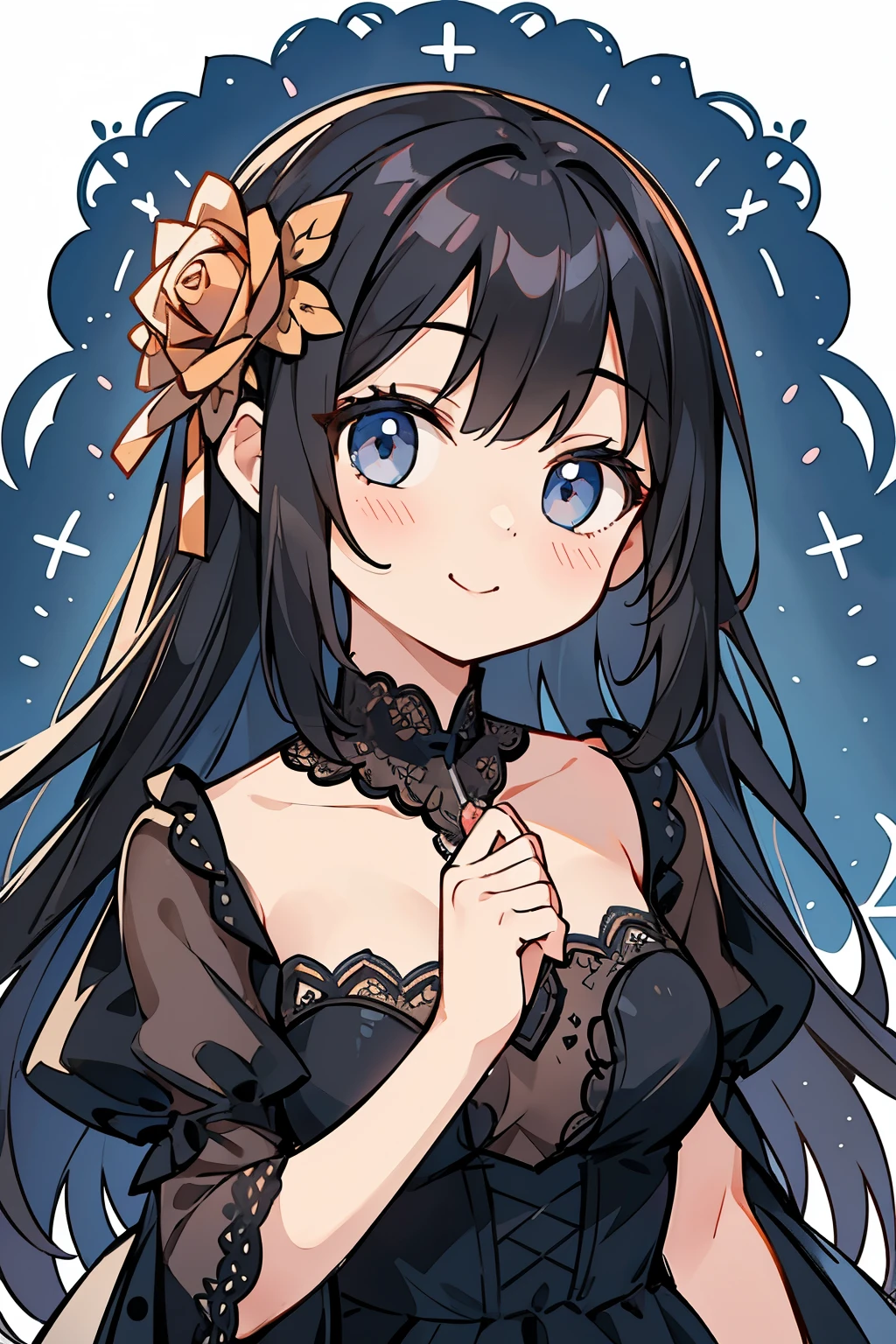 1 girl、Black Hair、Beautiful eyes and delicate face、masterpiece、highest quality、 girl in rose lace dress、Rose Dress、(Lace Material)、cute、A kind smile、elegant、Anime Style