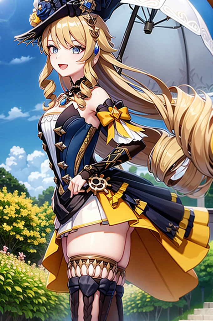 navia_gi, looking at viewer, smile, open mouth, skirt, thighhighs, gloves, hat, dress, holding, bare shoulders, standing, :d, outdoors, detached sleeves, sky, day, cloud, blue sky, umbrella, garter straps, drill hair, brown gloves, water drop, holding umbrella, brown headwear, rainbow