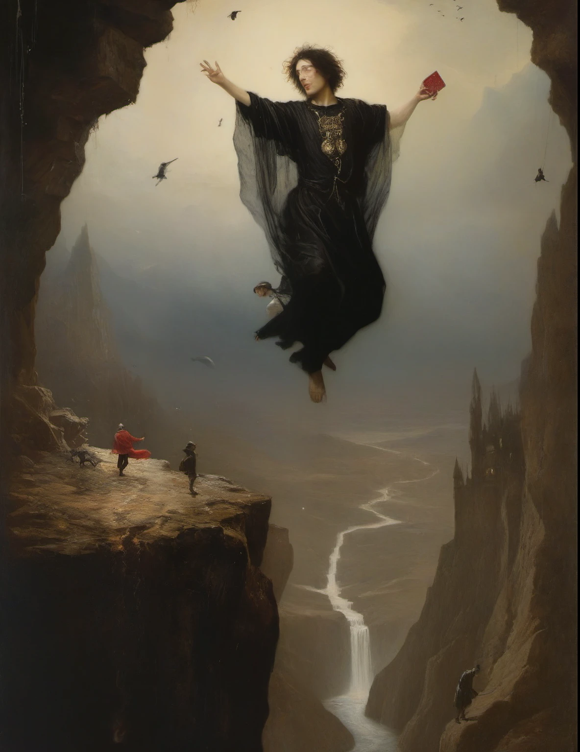 James Gurney, Surrealist art , dream-like, Mysterious, Provocative, symbolic, Complex, detailed,, (Gothic but very beautiful:1.4), (masterpiece, highest quality:1.4) , Nicola Samori Style, Tarot Cards、0 fan、Mountain in the background々、Young man jumping off a cliff、Little dog at feet
