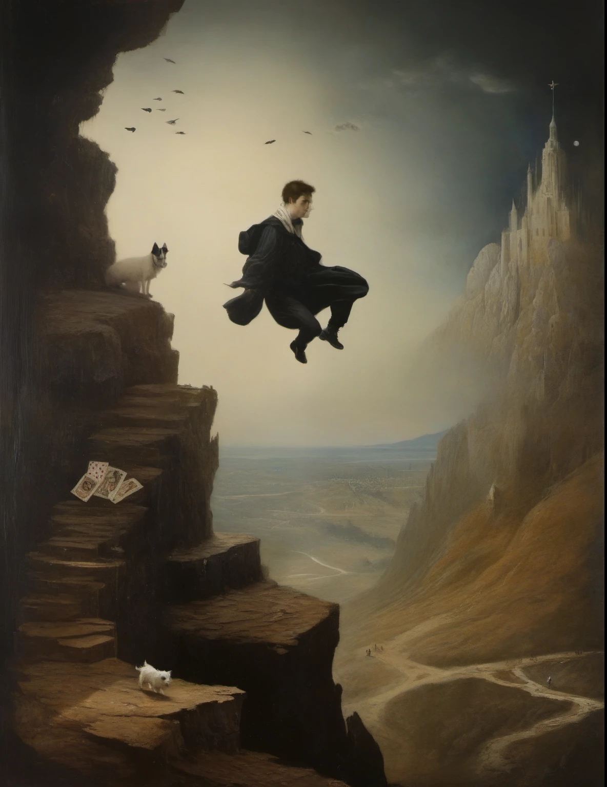 James Gurney, Surrealist art , dream-like, Mysterious, Provocative, symbolic, Complex, detailed,, (Gothic but very beautiful:1.4), (masterpiece, highest quality:1.4) , Nicola Samori Style, Tarot Cards、0 fan、Mountain in the background々、Young man jumping off a cliff、Little dog at feet