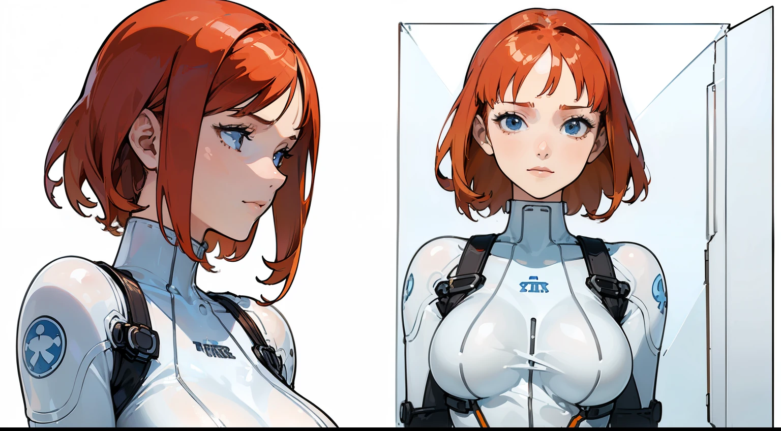 ((highest quality)), ((masterpiece)), ((Realistic)) 19 years old, Redhead girl, Shoulder-length hair, Relaxed happy face ((thin)) (Big Breasts), ((( white transparent one piece skim bodysuit ))) ((sexy )) Textured Pixie Haircut (((Detailed character sheet, Front view, Side view, 3/4 Views))) (((White Background))) Six and a half whole bodies