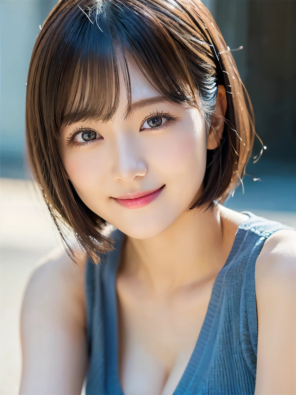 Medium Shot、(highest quality:1.5)、(Realistic:1.5)、(1 person:1.5)、(Very detailed)、(High resolution)、8k、Looking down、(Yellow floral camisole)、normal breasts、Natural color lips、Cute Smile、20-year-old girl、(Beautiful and elaborate face)、(Perfect and beautiful face)、(Big eyes)、(Beautiful and elaborate face)、(Beautiful, balanced eyes)、Perfect and beautiful double eyelids、Perfect and beautiful face、Arched eyebrows、 Thin eyebrows、Feminine poses、Slim face、Slim figure、Beautiful and thin nose、 Beautiful Skin、(Medium Bob Hair)、Natural Bangs、Fair skin、Front lighting、Lighting the face、Beautiful cleavage、Deep blue eyes、