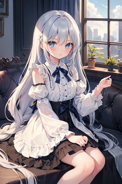 masterpiece, highest quality, High resolution, 8--old l、blue eyes、
Silver Hair,  Braiding、Jet black ruffled dress, Shoulder puff sleeves、flare skirt、Long skirt、Western-style building、Sit by the window