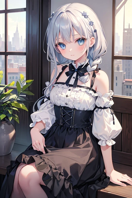 masterpiece, highest quality, High resolution, 8--old l、blue eyes、
Silver Hair, Braiding、Jet black ruffled dress, Shoulder puff sleeves、flare skirt、Long skirt、Western-style building、Sit by the window