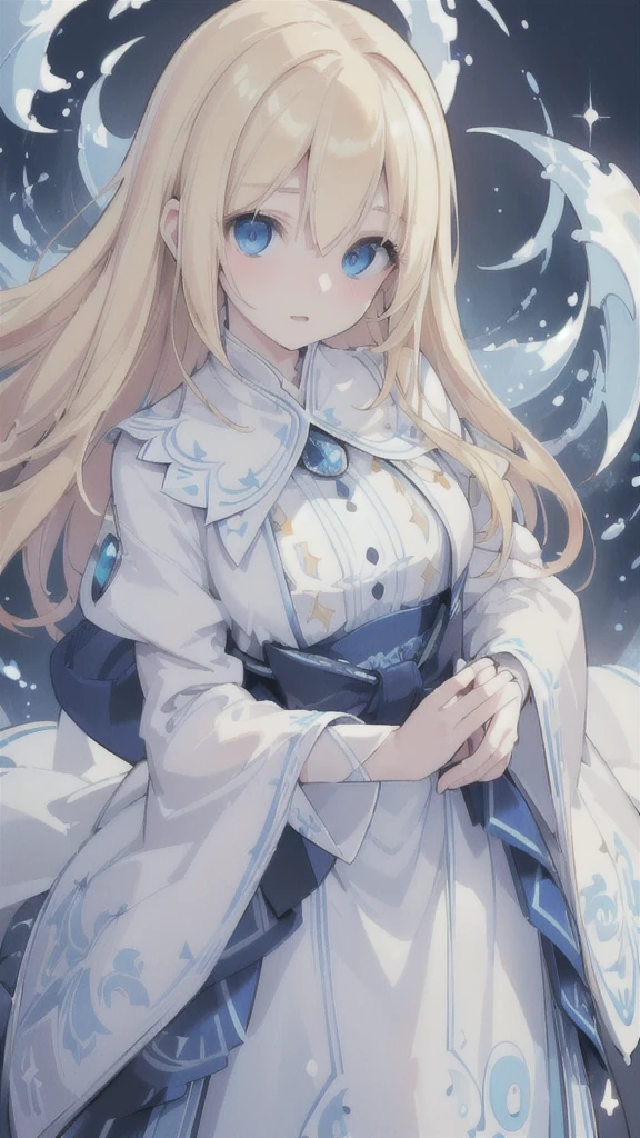 (best quality, ultra-detailed, realistic:1.37), HDR, high resolution, studio lighting, portraits, vivid colors,
A girl with blonde hair and blue eyes, her eyes detailed with precision, and a pale complexion, wearing a dark robe adorned with intricate patterns. Blue electric currents revolving around her body. A swarm of electric eels made of water flying around her.