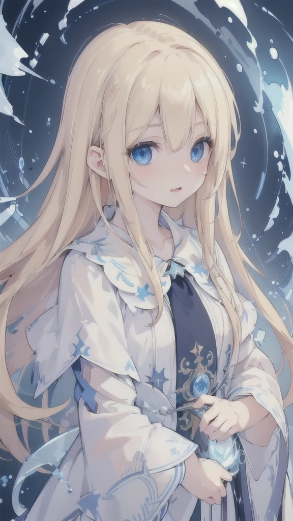 (best quality, ultra-detailed, realistic:1.37), HDR, high resolution, studio lighting, portraits, vivid colors,

A girl with blonde hair and blue eyes, her eyes detailed with precision, and a pale complexion, wearing a dark robe adorned with intricate patterns. Blue electric currents revolving around her body. A swarm of electric eels made of water flying around her.
