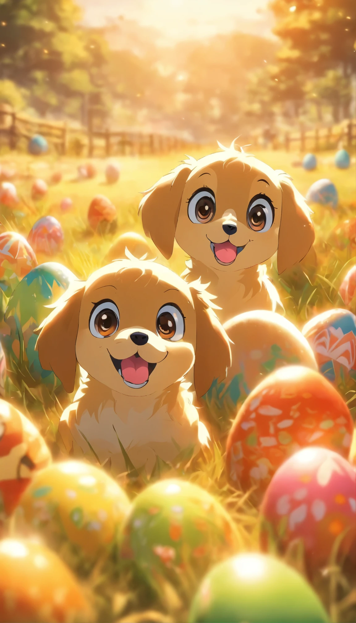 highest quality:1.2,masterpiece:1.2,Genuine:1.2,Close-up photo, 2 puppies, Big eyes, very cute, Next to each other, outside, Pasture, sunrise, Colorful Easter eggs