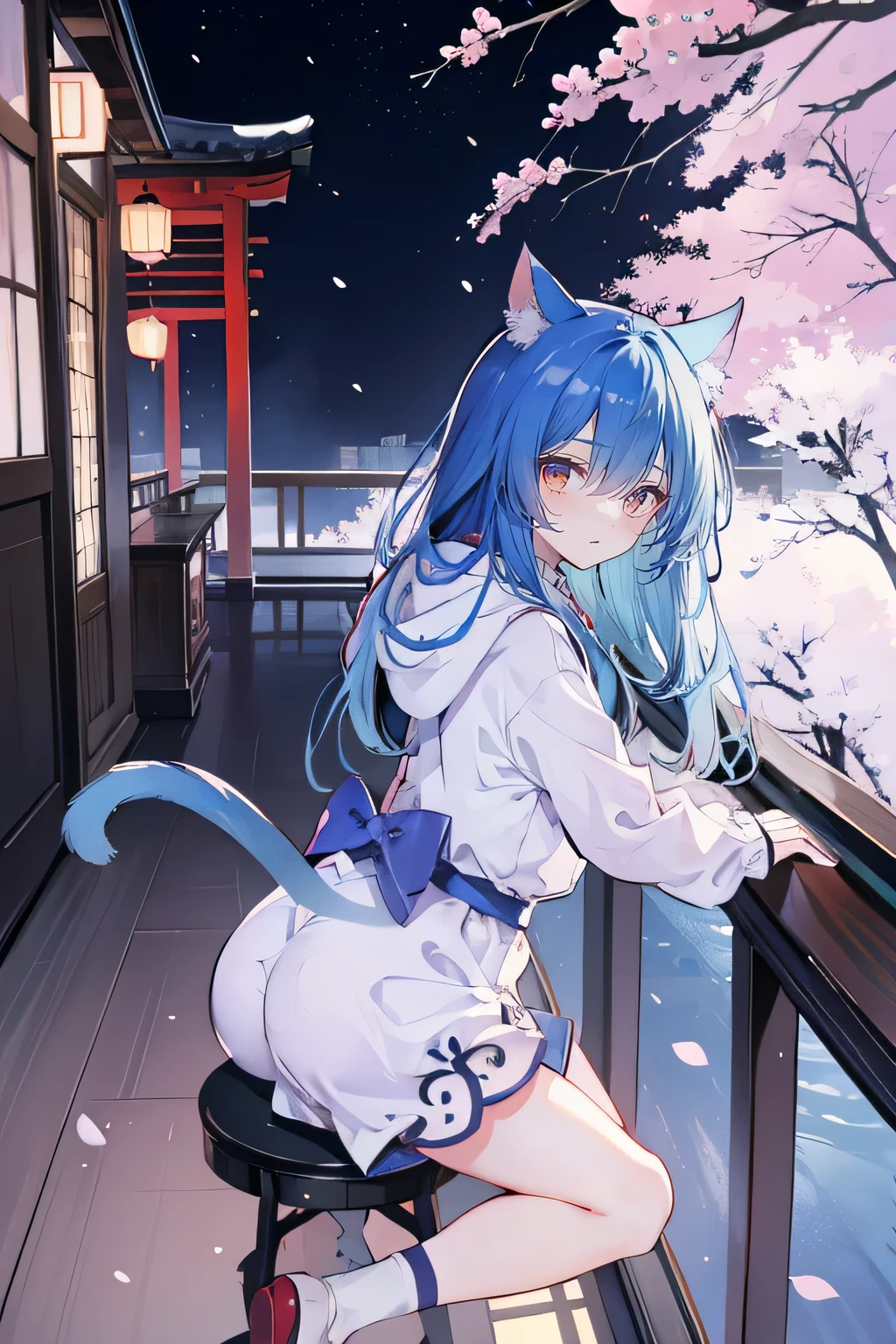 (masterpiece:1.2),Super detailed,lifelike,Expressive eyes,fair skin,perfect face shape,1 girl,
Japanese comics,Gorgeous blue hair,flowing blue hair,flowing clothes,Cat ears,Petals fall,beautiful lola,Baby Angel,
Cross your legs,Gentle and peaceful background,The pavilion is cool and comfortable,smile, wearing hoodie, background of tokyo,back views,snowing, winter.