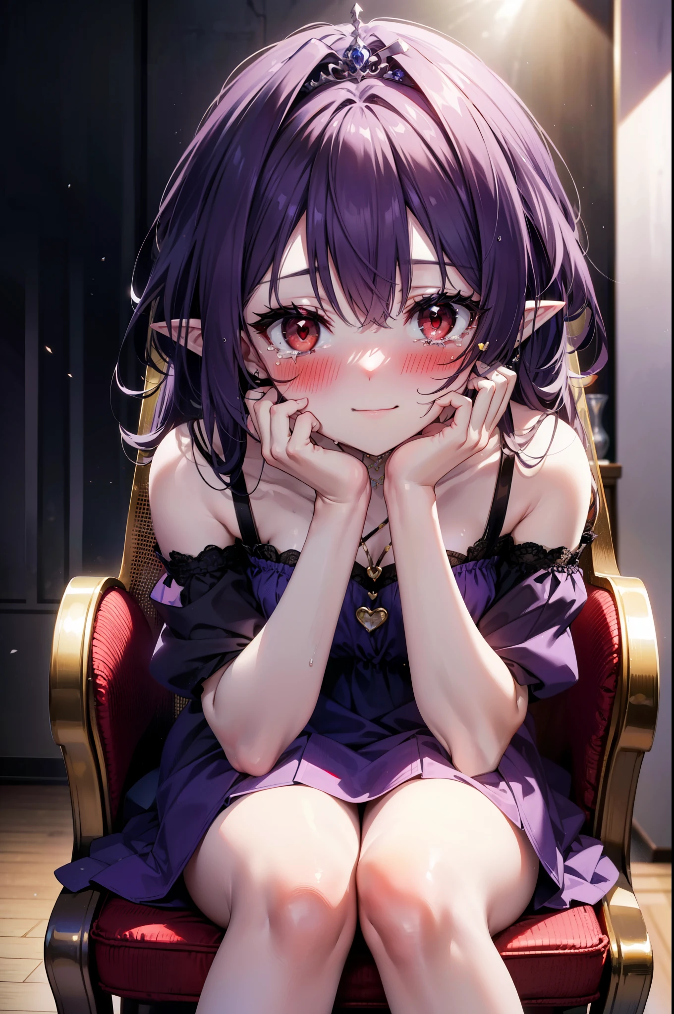 yuukikonno, Yuki Konno,Long Hair, tiara,Pointy Ears, Purple Hair, (Red eyes:1.5), (Small breasts:1.2), smile,Purple Dress,Purple long skirt,purple stiletto heels,No sleeve,Expose your shoulders,Bare arms,Bare neck,bare clavicle,She is sitting in a chair holding a large bouquet of flowers in both hands.,There is a big cake on the table,Heart Necklace,Tears stream down her face,Tears of joy,I cry a lot,whole bodyがイラストに入るように,
break indoors, Party Venue,on stage,
break looking at viewer, whole body,
break (masterpiece:1.2), highest quality, High resolution, unity 8k wallpaper, (shape:0.8), (Beautiful details:1.6), Highly detailed face, Perfect lighting, Highly detailed CG, (Perfect hands, Perfect Anatomy),