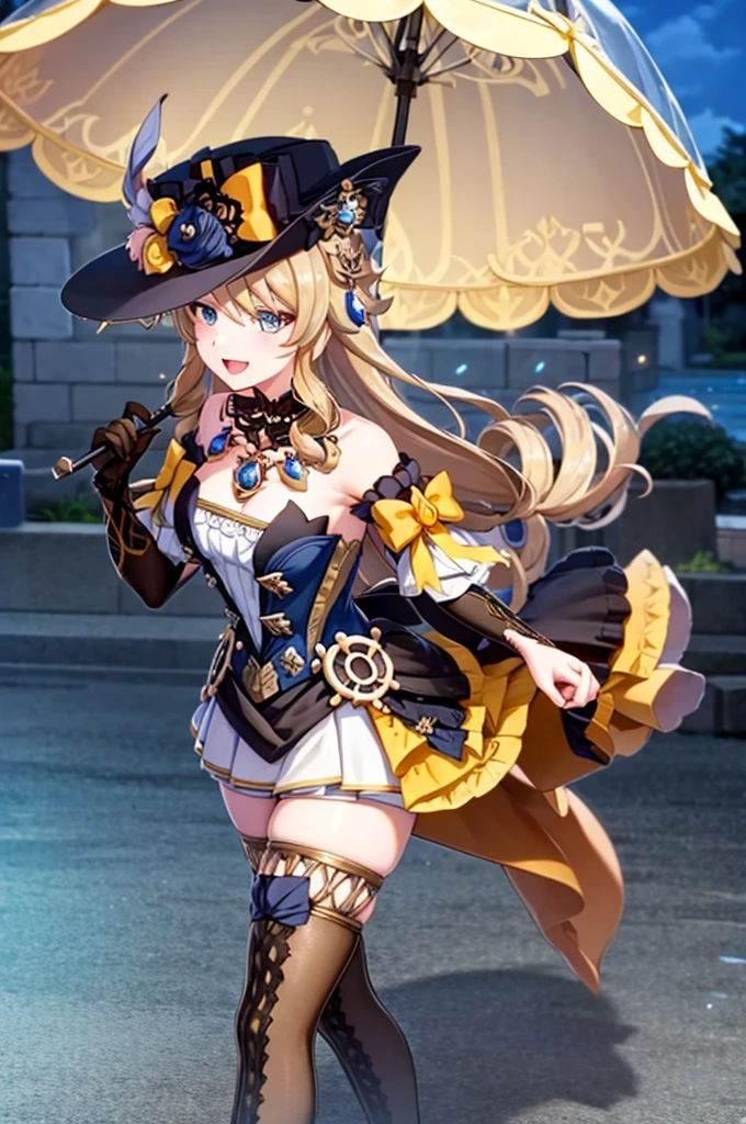 navia_gi, looking at viewer, smile, open mouth, skirt, thighhighs, gloves, hat, dress, holding, bare shoulders, standing, :d, outdoors, detached sleeves, sky, day, cloud, blue sky, umbrella, garter straps, drill hair, brown gloves, water drop, holding umbrella, brown headwear, rainbow
