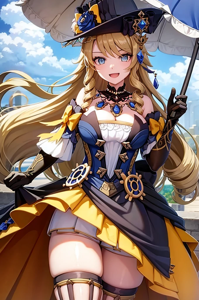 navia_gi, looking at viewer, smile, open mouth, skirt, thighhighs, gloves, hat, dress, holding, bare shoulders, standing, :d, outdoors, detached sleeves, sky, day, cloud, blue sky, umbrella, garter straps, drill hair, brown gloves, water drop, holding umbrella, brown headwear, rainbow