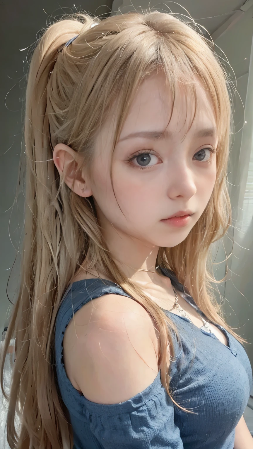 Portraiture、Bright expression、ponytail、Young and shiny white glossy skin、Best Looks、Blonde reflection、Blonde hair with dazzling highlights、Bright shiny hair,、Super long silky straight hair、Shiny beautiful bangs、Sparkling, clear, attractive big blue eyes、A very beautiful and lovely 16 year old girl、Bust of a Rich Man、T-Shirts、Tight jeans、Cityscape of Japan、