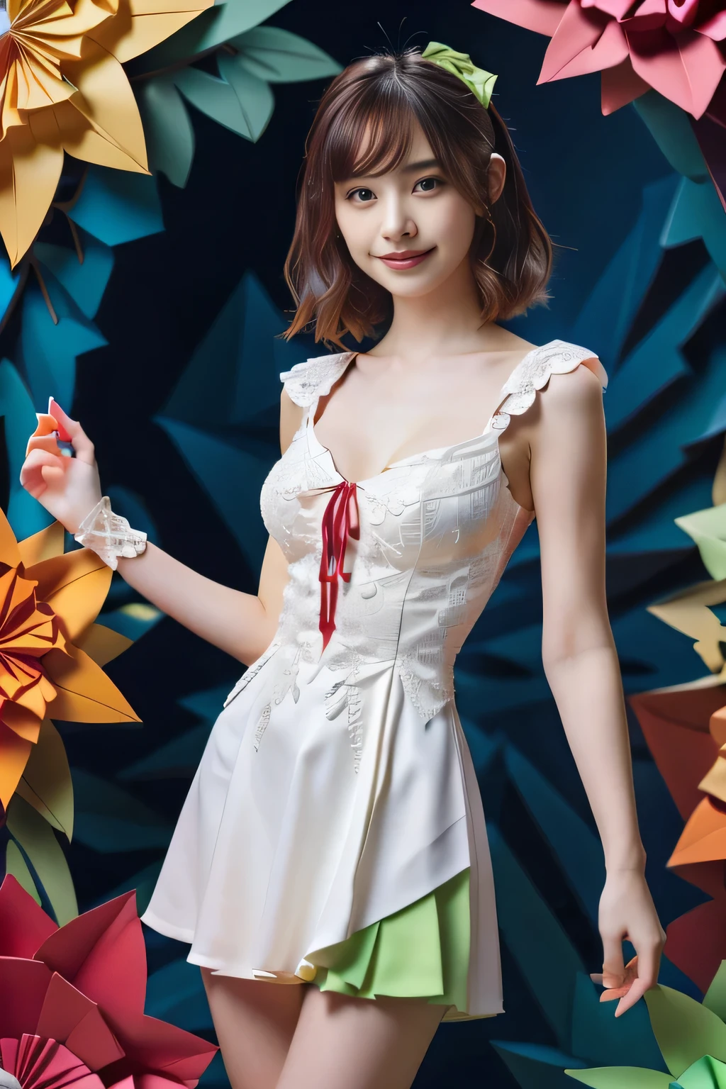 (best quality:1.2),(ultra detailed,highres,HDR,8k,3D,realistic,photorealistic,super fine,effects,official art,detailed background), (very happy smile,young,Japanese,detailed beautiful face), (Happy days),(round face,small face beauty), (dynamic pose:1.3), (head to thighs:1.5), (Paper Art: 1.3), (Quilting Paper Art: 1.2), (Geometric Background: 1.3), (Zentangle), (3D Rendering), (Costume worn by talent: 1.3), (Sleeveless tight dress: 1.3), (White, yellow, red, blue, green, pastel colors), (Many use of large, multi-layered frills: 1.3), (Uses a lot of lace: 1.3), (Many pastel colors: 1.2), (Thighs, armpits)(zentangle;1.5), (mandala:1.5), (entanglement:1.5),(Penrose tiling background:1.5)
