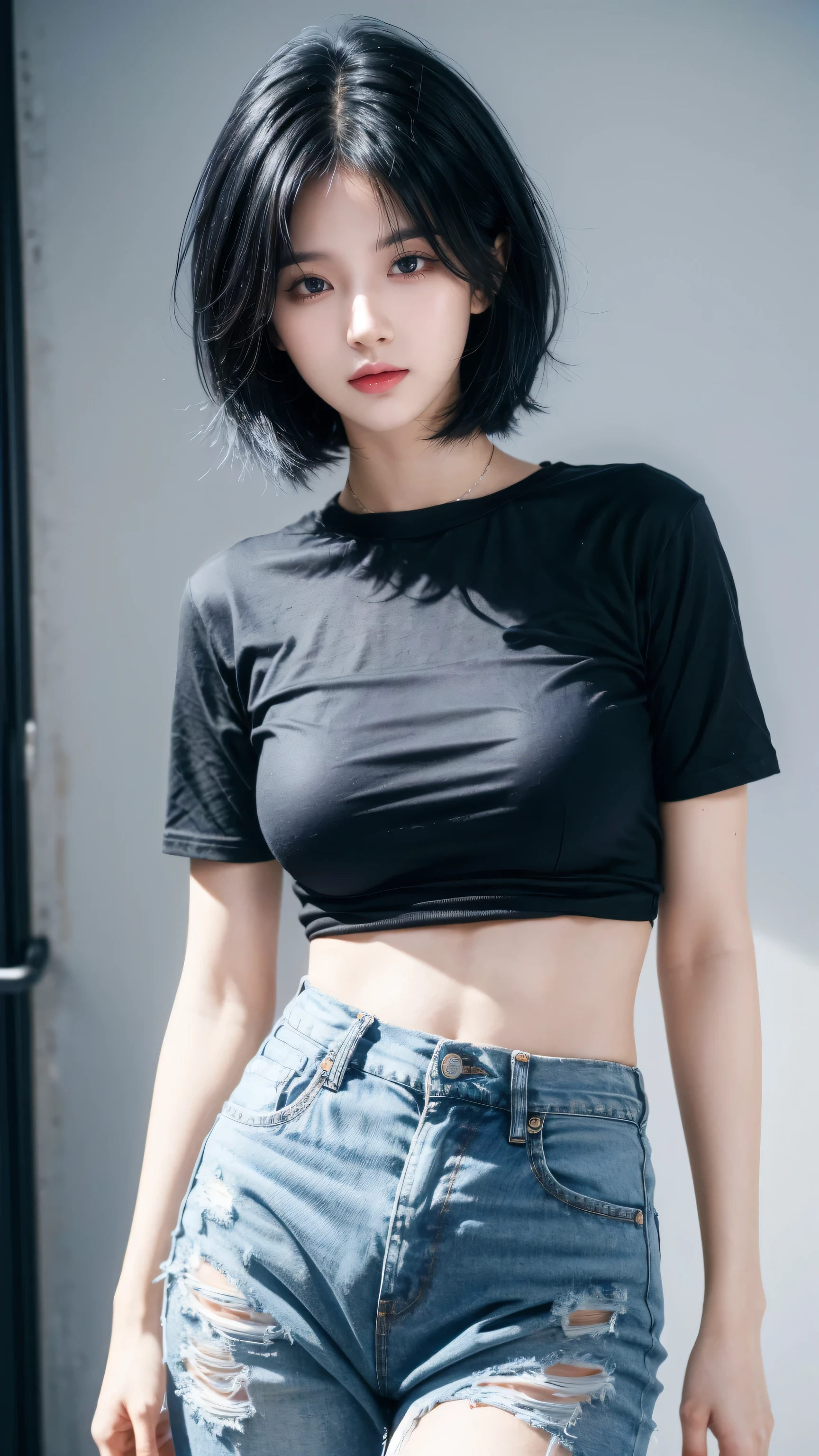 best quality, 1 Girl, dark blue hair, black eyes, Very short hair, Spiky hair, t-shirt, High waist jeans, 171 cm, Messy hair, Hair between the eyes, Medium breasts, full, Tomboy, aldult, 20 years old, 1 Girl