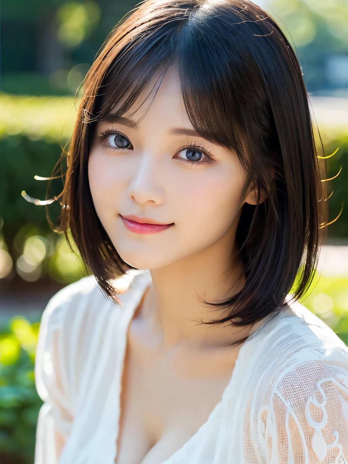 Medium Shot、(highest quality:1.5)、(Realistic:1.5)、(1 person:1.5)、(Very detailed)、(High resolution)、8k、Looking down、(Yellow floral camisole)、normal breasts、Natural color lips、Cute Smile、20-year-old girl、(Beautiful and elaborate face)、(Perfect and beautiful face)、(Big eyes)、(Beautiful and elaborate face)、(Beautiful, balanced eyes)、Perfect and beautiful double eyelids、Perfect and beautiful face、Arched eyebrows、 Thin eyebrows、Feminine poses、Slim face、Slim figure、Beautiful and thin nose、 Beautiful Skin、(Medium Bob Hair)、Natural Bangs、Fair skin、Front lighting、(Lighting the face)、(Beautiful cleavage)、Deep blue eyes、